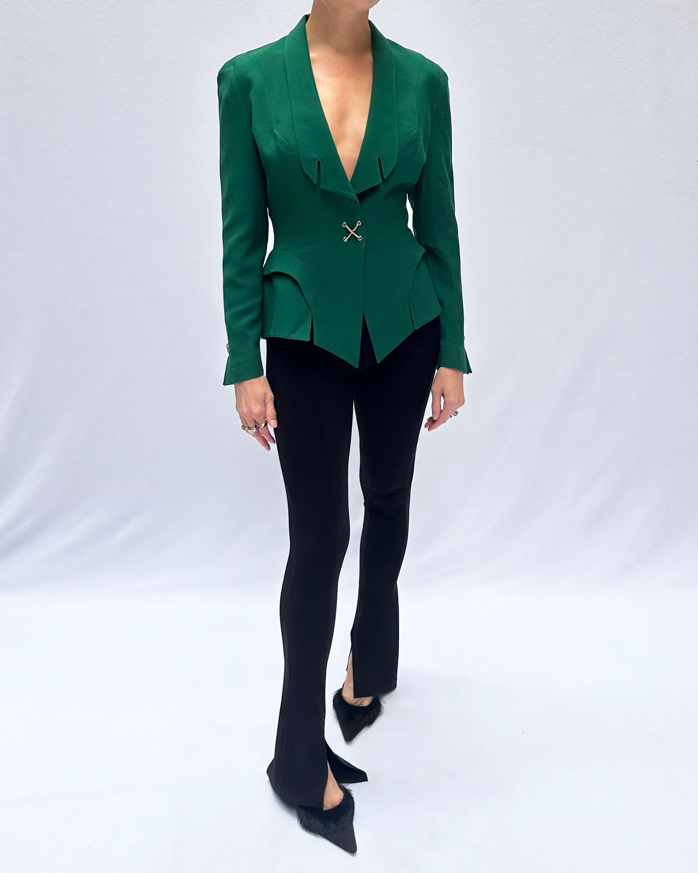 Vintage Thierry Mugler Fall 1992 Emerald Jacket + Pleated Skirt Suit For Sale 3