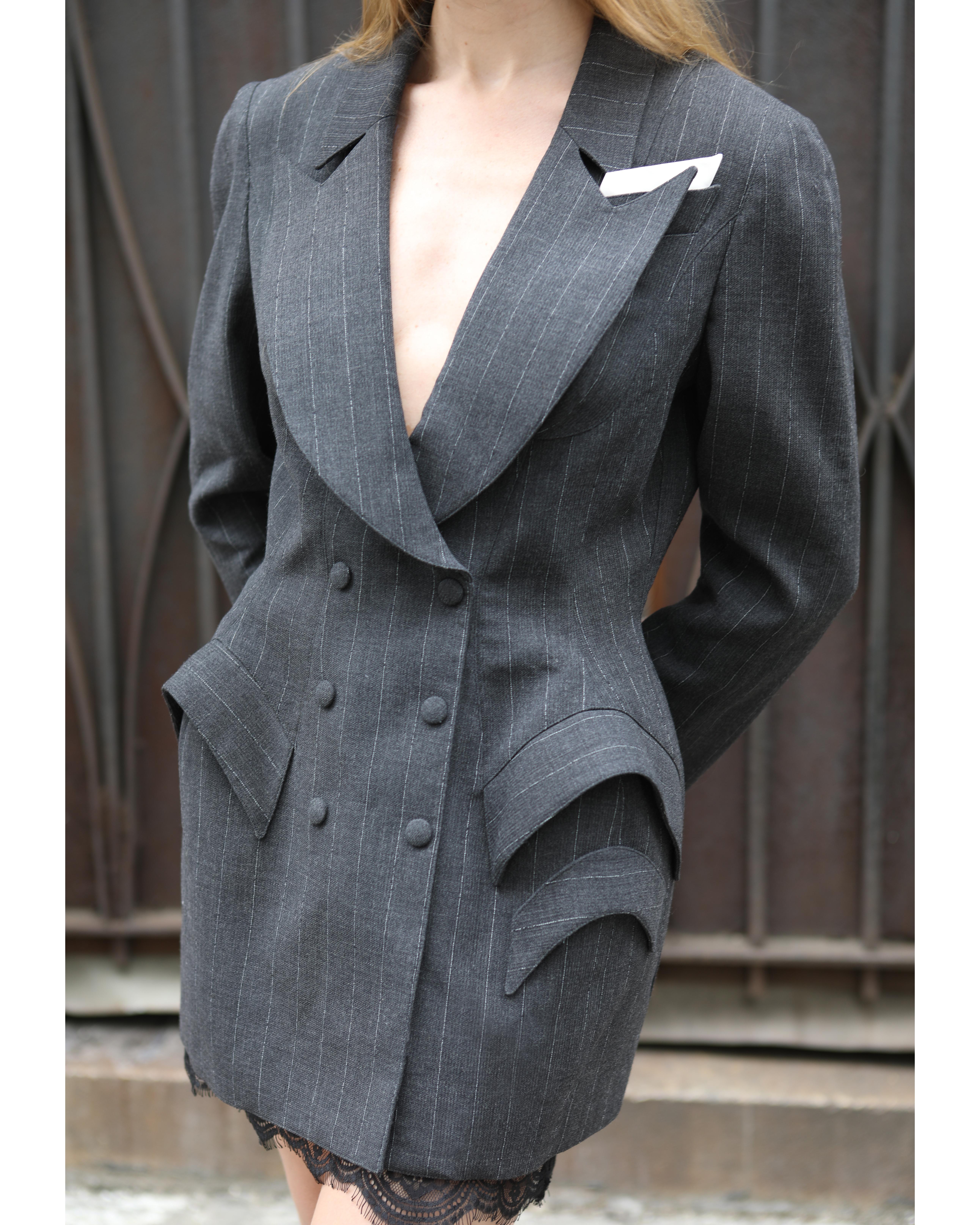 Vintage Thierry Mugler Fall 1995 Pinstripe Longline Jacket / Dress For Sale 2
