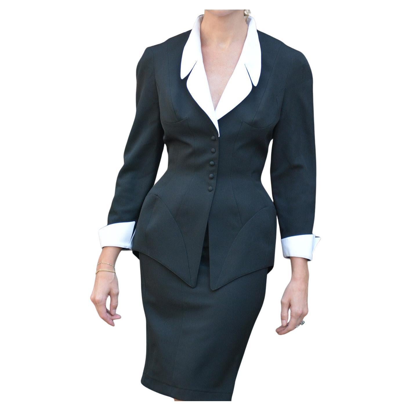 Vintage Thierry Mugler Fall 1995 Skirt Suit with Trompe L'oeil Details For Sale