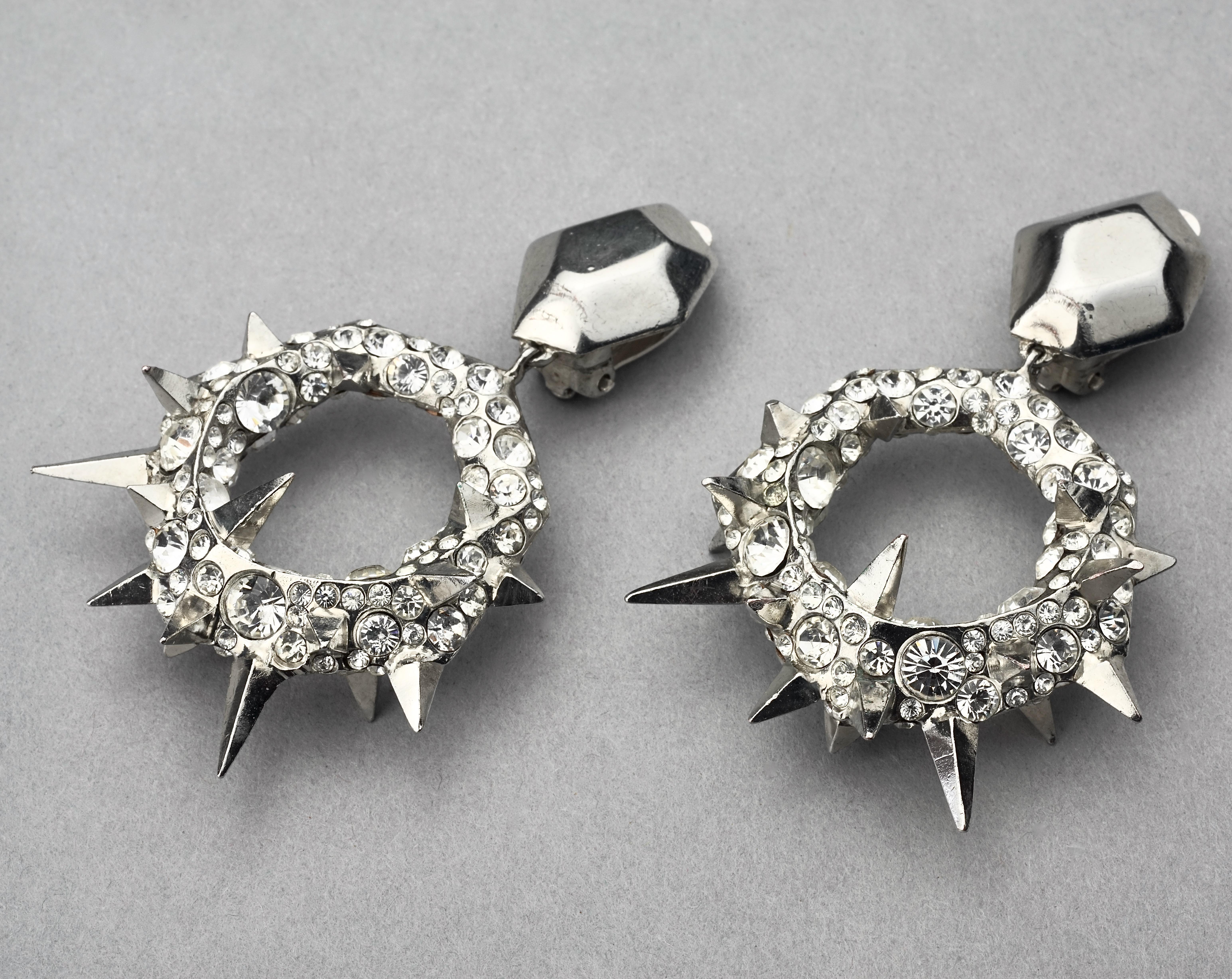 Women's or Men's Vintage THIERRY MUGLER Futuristic Spikes Rhinestone Dangling Hoop Earrings