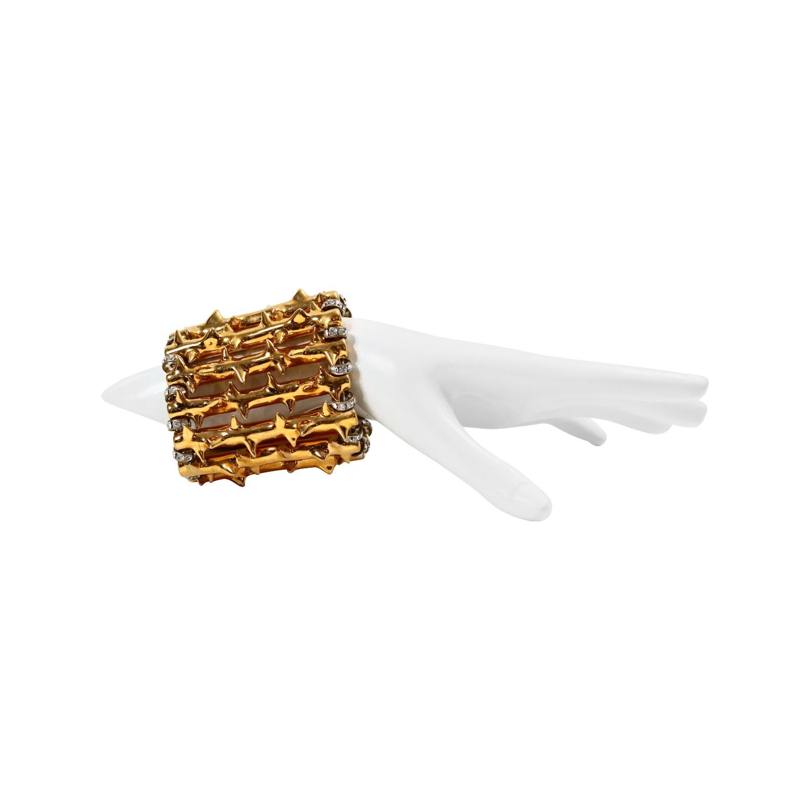 Vintage Thierry Mugler Gold Branches With Diamante Bracelet Circa 1980s.  This bracelet was created for the runway only so is a show sample and is spectacular.  It is on elastic so will fit many sizes.  They are long branches with thornes like rose