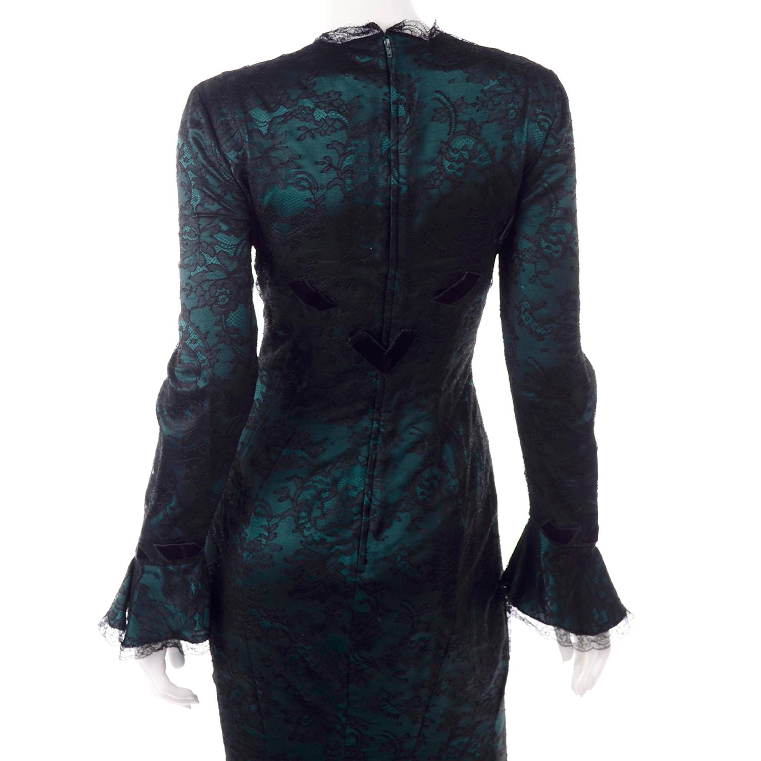 Vintage Thierry Mugler Green Silk Evening Dress W Lace & Low Neckline 4