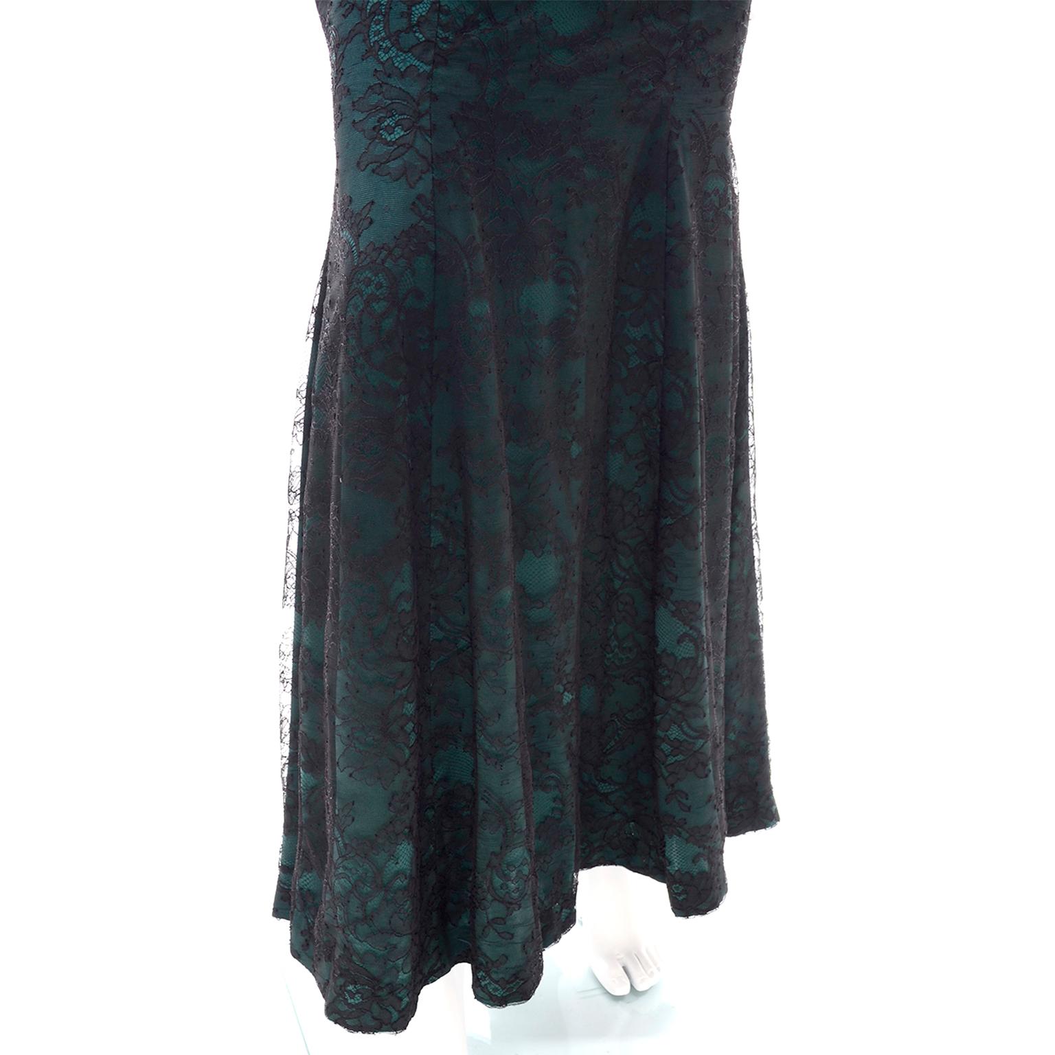 Vintage Thierry Mugler Green Silk Evening Dress W Lace & Low Neckline 5