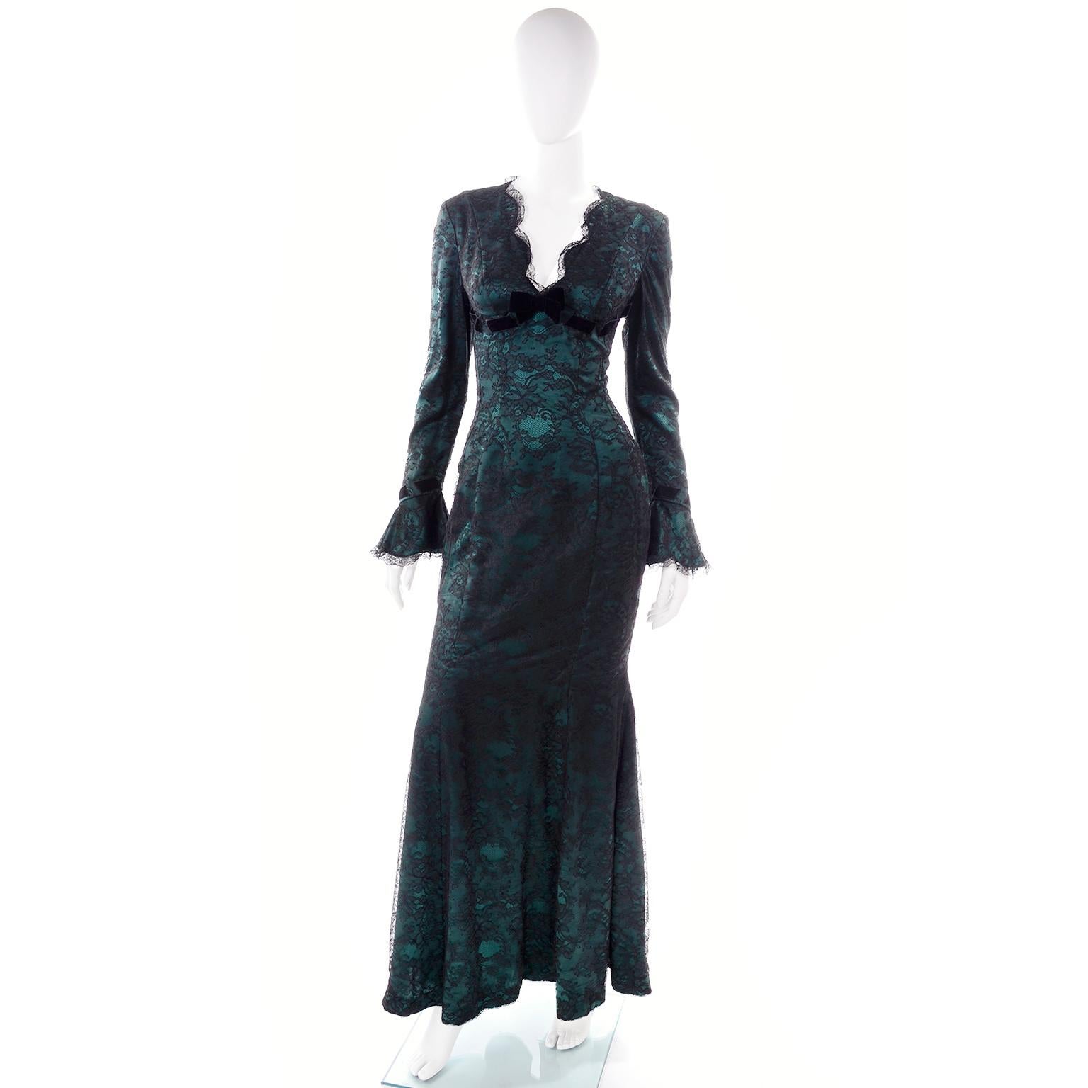 This is an incredible vintage full length green evening dress from Thierry Mugler. We have always loved Thierry Mugler and we have been buying his pieces for decades. This rare vintage evening gown is exceptional and we love the low scalloped V neck