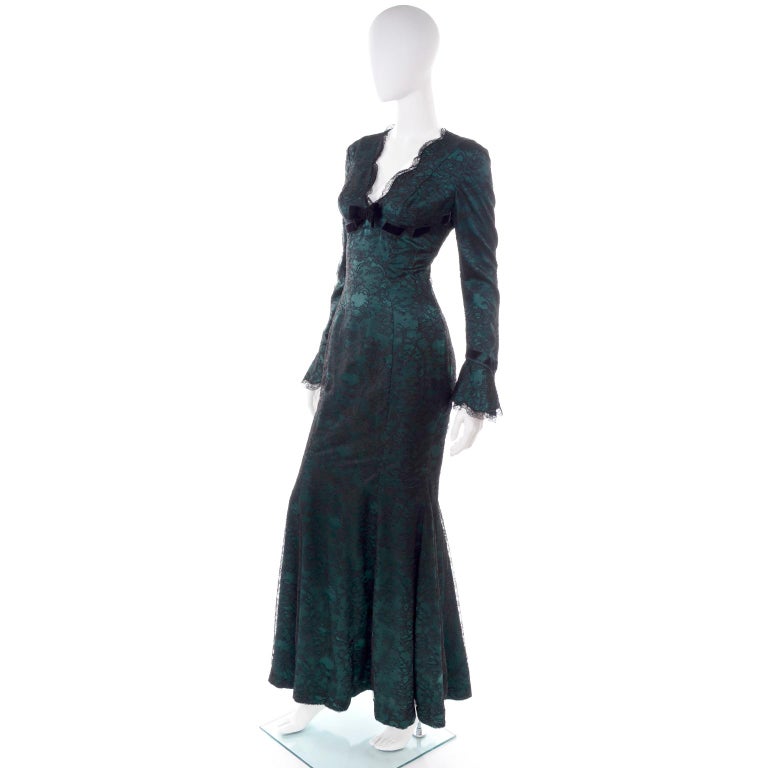Vintage Thierry Mugler Green Silk Evening Dress W Lace and Low Neckline ...