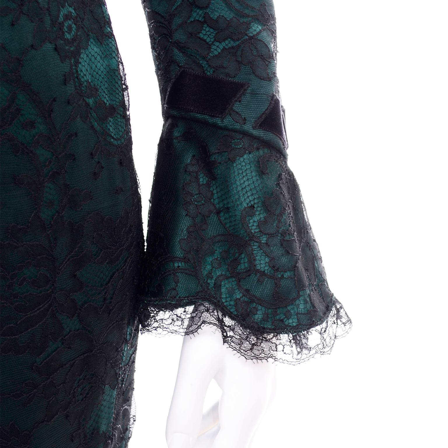 Women's Vintage Thierry Mugler Green Silk Evening Dress W Lace & Low Neckline