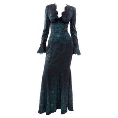 Vintage Thierry Mugler Green Silk Evening Dress W Lace & Low Neckline