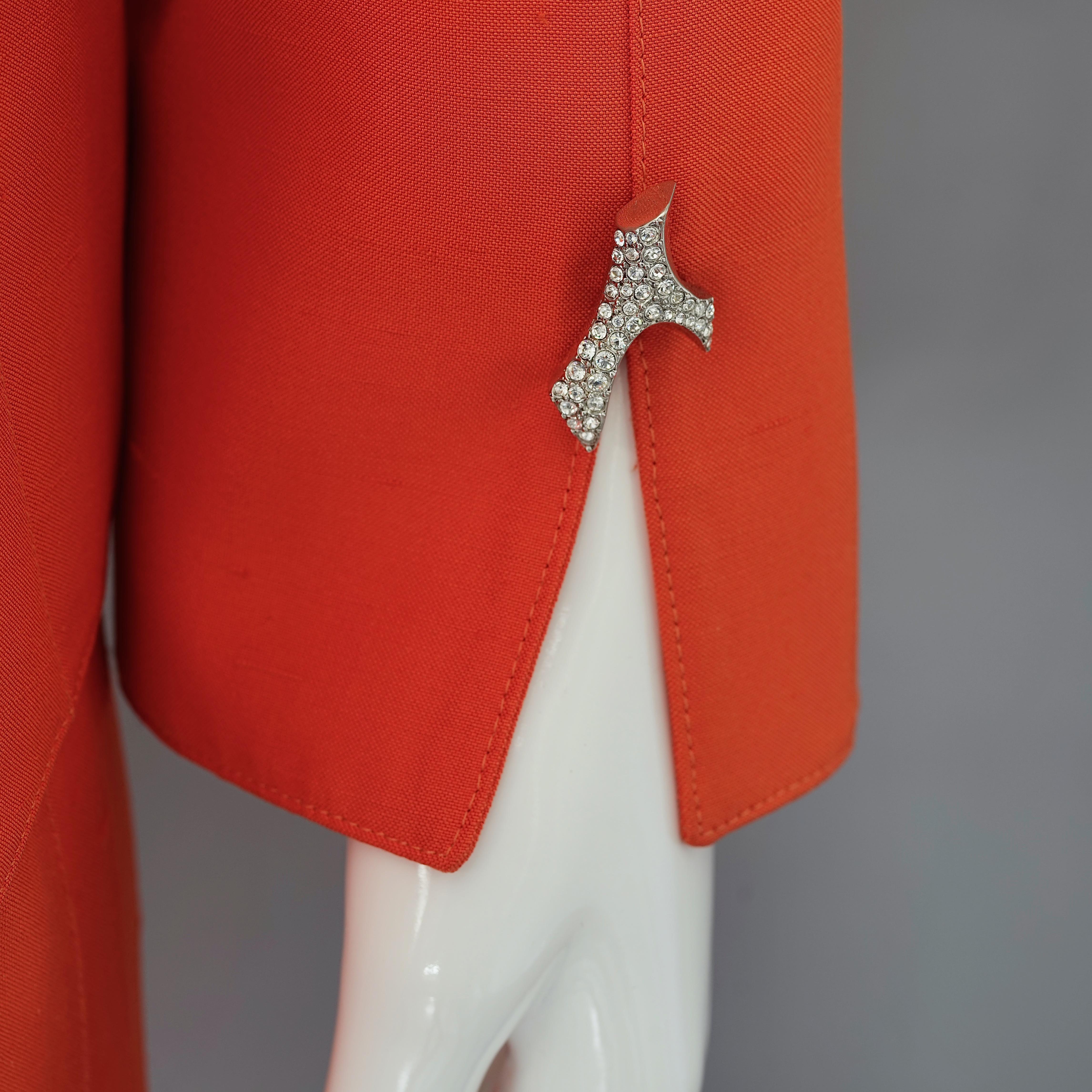 Vintage THIERRY MUGLER Jeweled Coral Button Orange Jacket Skirt Suit For Sale 2