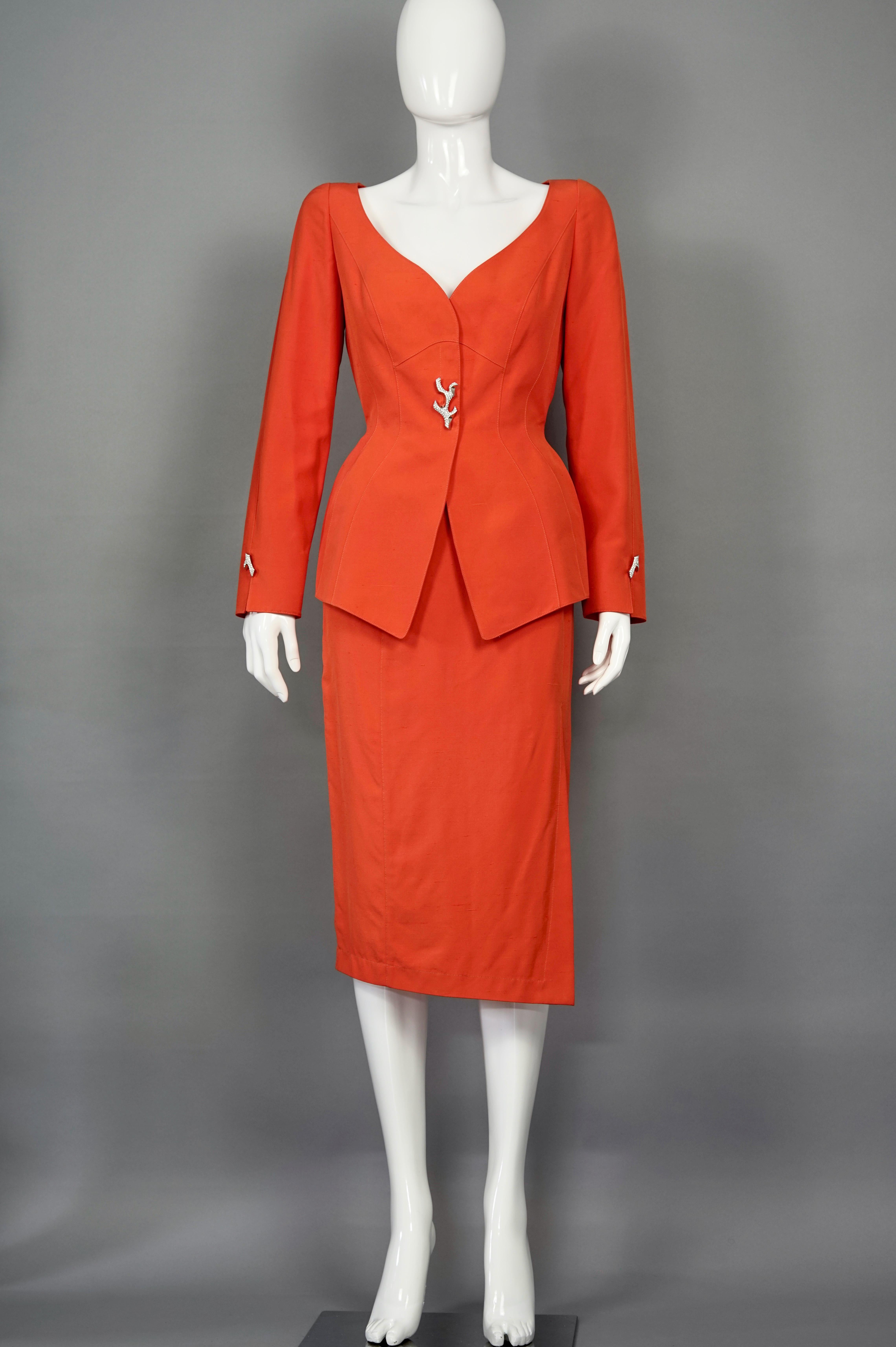 Vintage THIERRY MUGLER Jeweled Coral Button Orange Jacket Skirt Suit

Measurements taken laid flat, please double bust, waist and hips :
JACKET/ BLAZER
Shoulders: 15.74 inches (40 cm)
Sleeves: 24 inches (61 cm)
Bust: 19.29 inches (49 cm)
Waist: