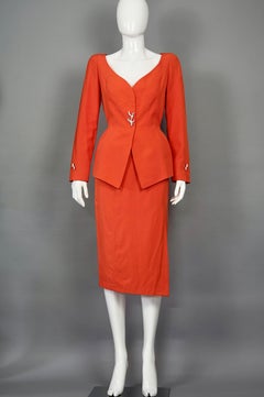 Vintage THIERRY MUGLER Jewell Coral Button Orange Jacket Skirt Suit