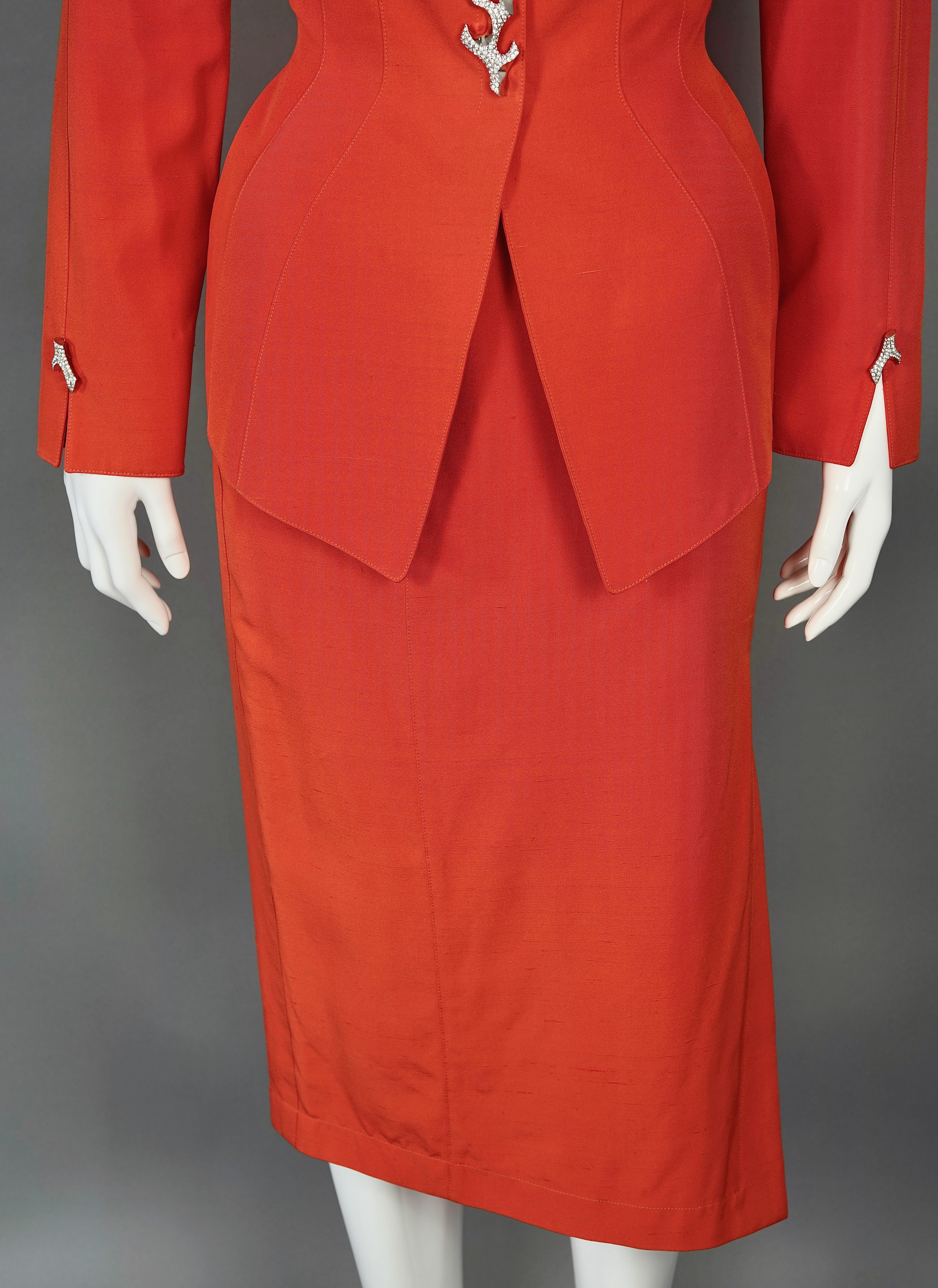 Vintage THIERRY MUGLER Jeweled Coral Button Orange Jacket Skirt Suit For Sale 1