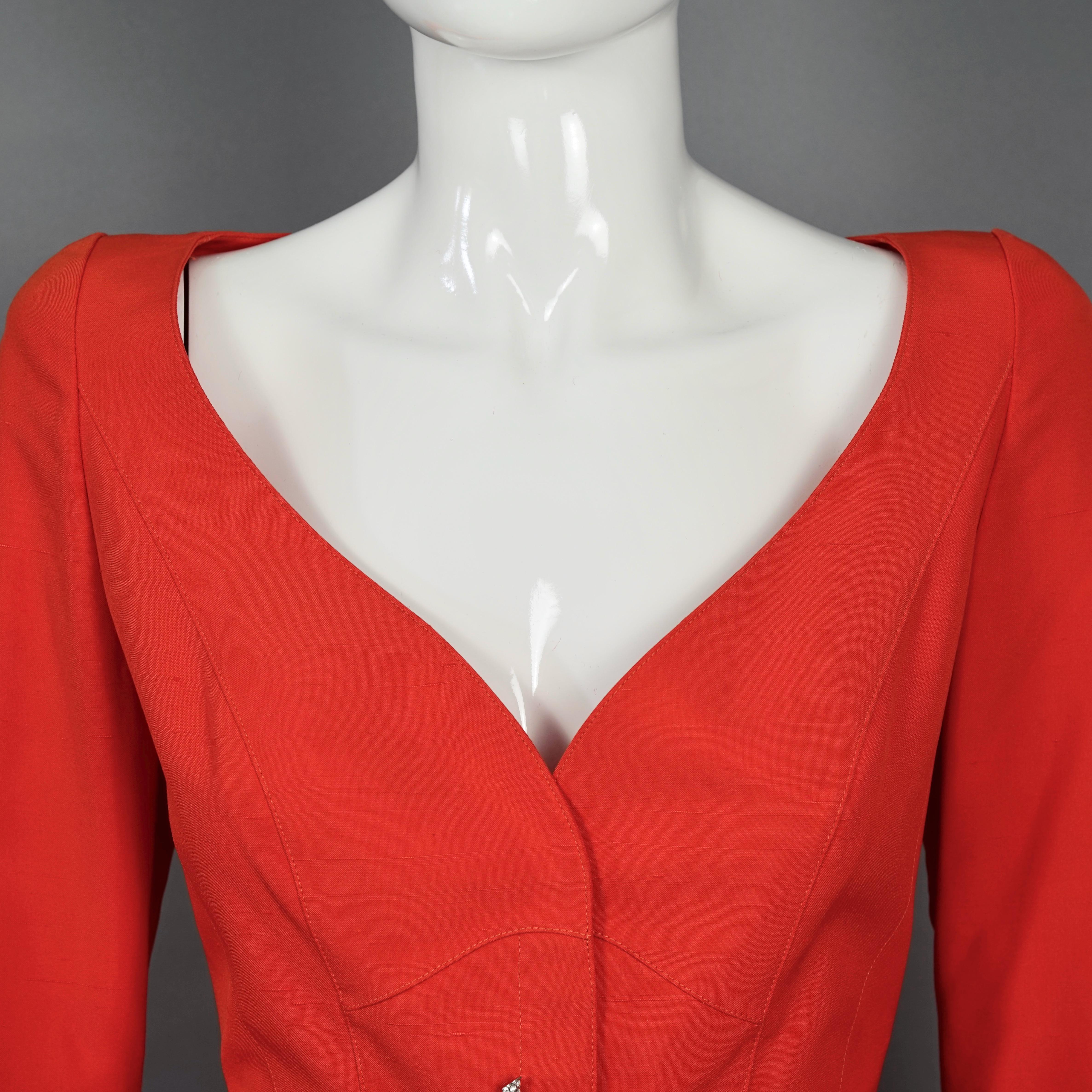 Vintage THIERRY MUGLER Jeweled Coral Button Orange Jacket Skirt Suit In Excellent Condition For Sale In Kingersheim, Alsace