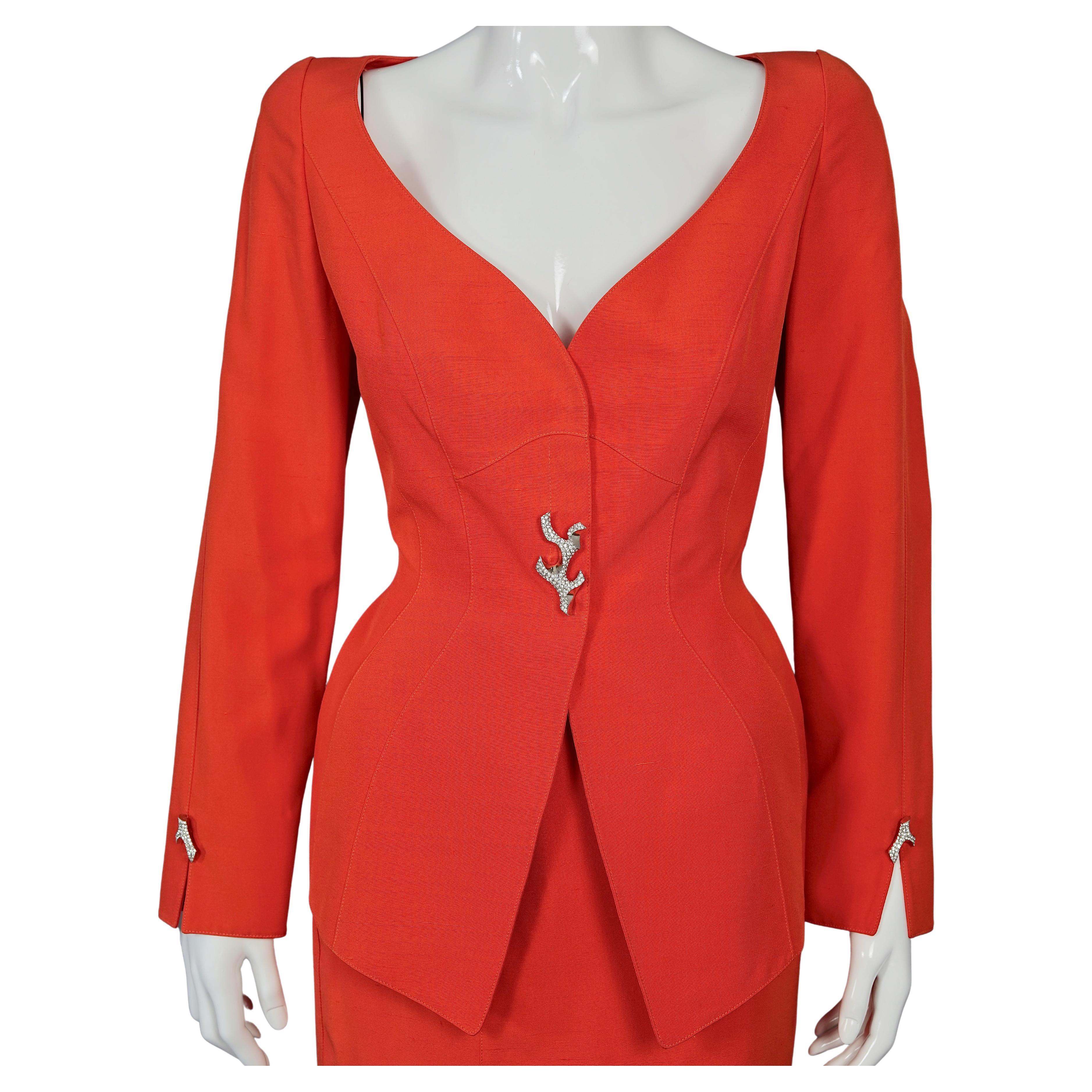Vintage THIERRY MUGLER Jewell Coral Button Orange Jacket Skirt Suit