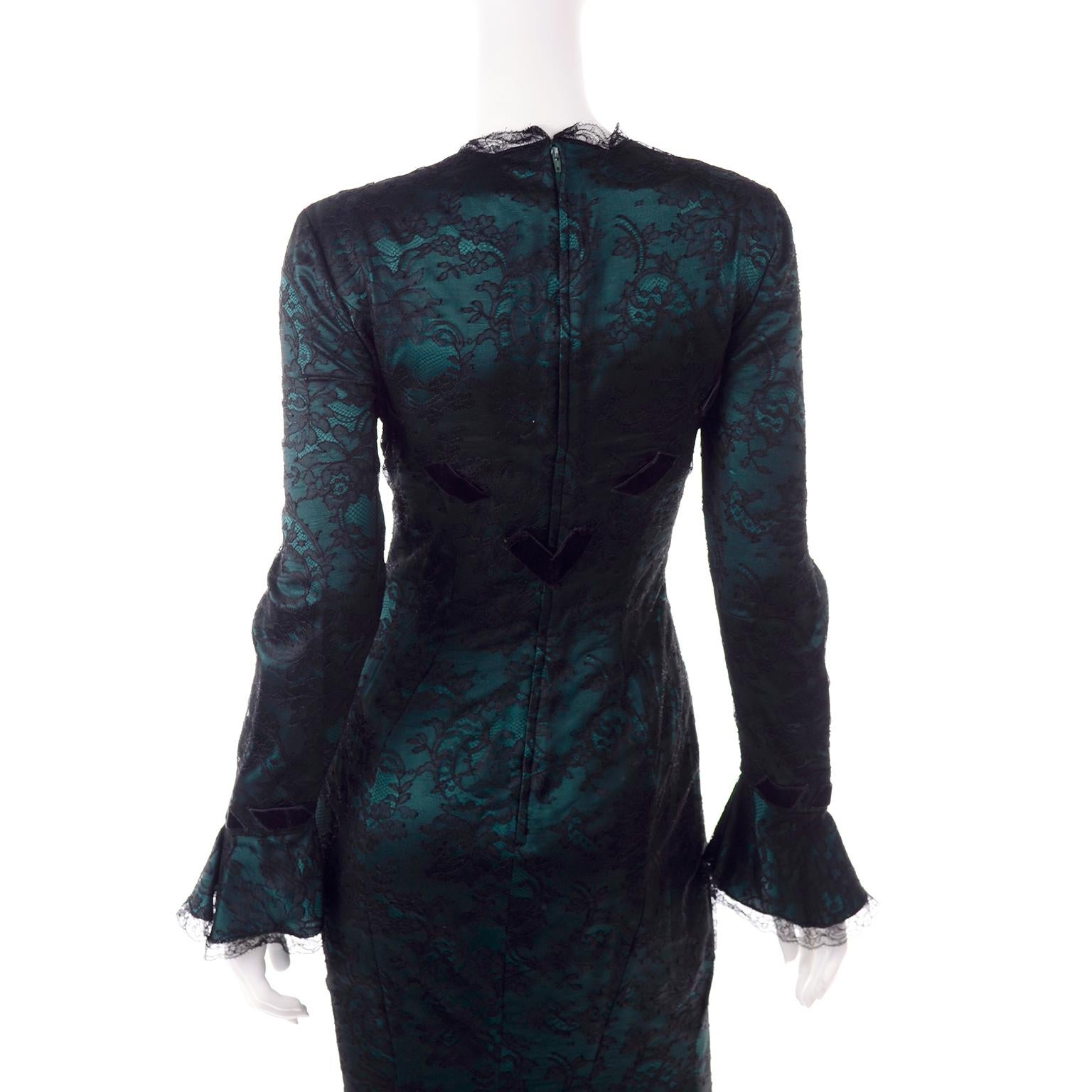 Vintage Thierry Mugler Green Silk Evening Dress W Lace & Low Neckline In Excellent Condition In Portland, OR