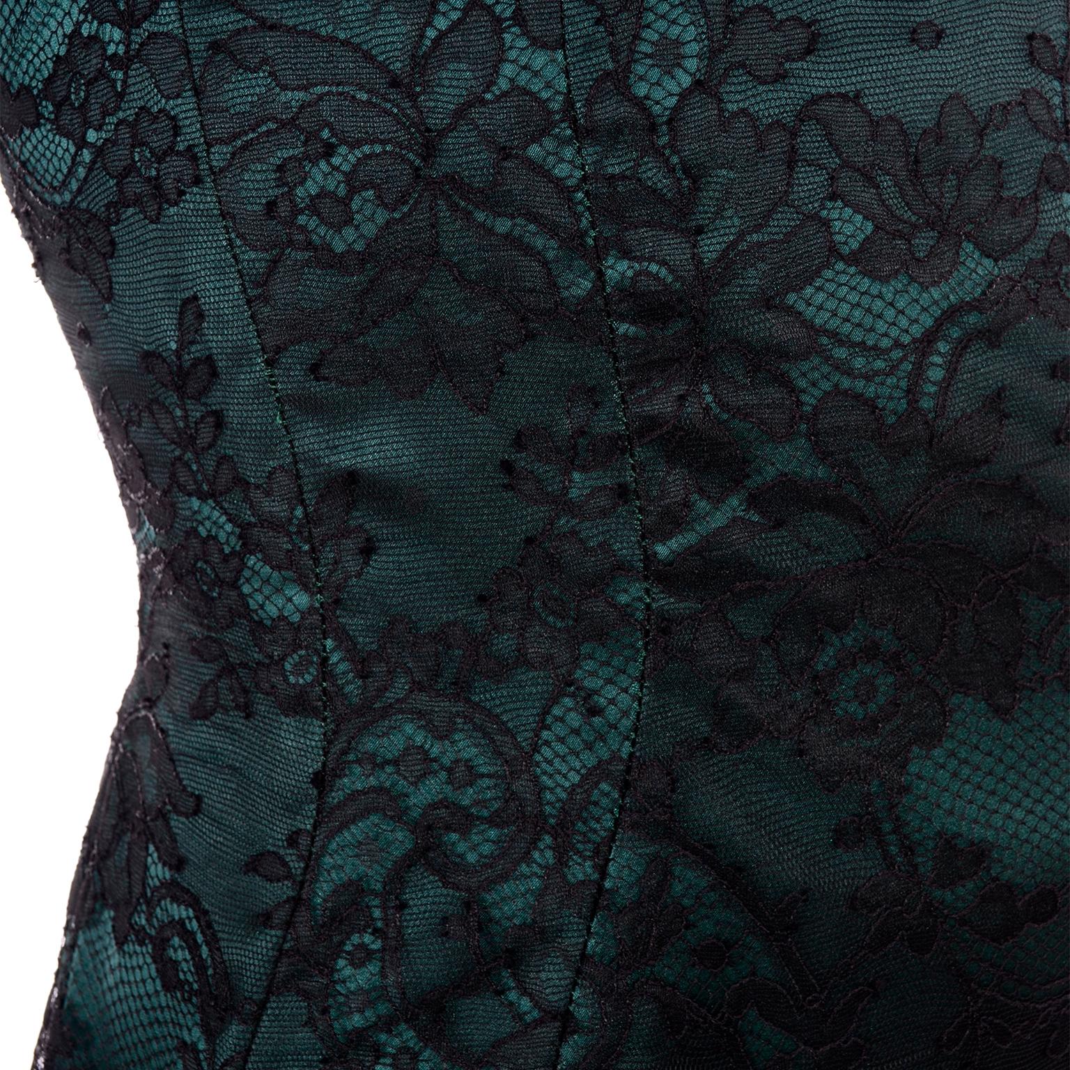 Vintage Thierry Mugler Green Silk Evening Dress W Lace & Low Neckline 1