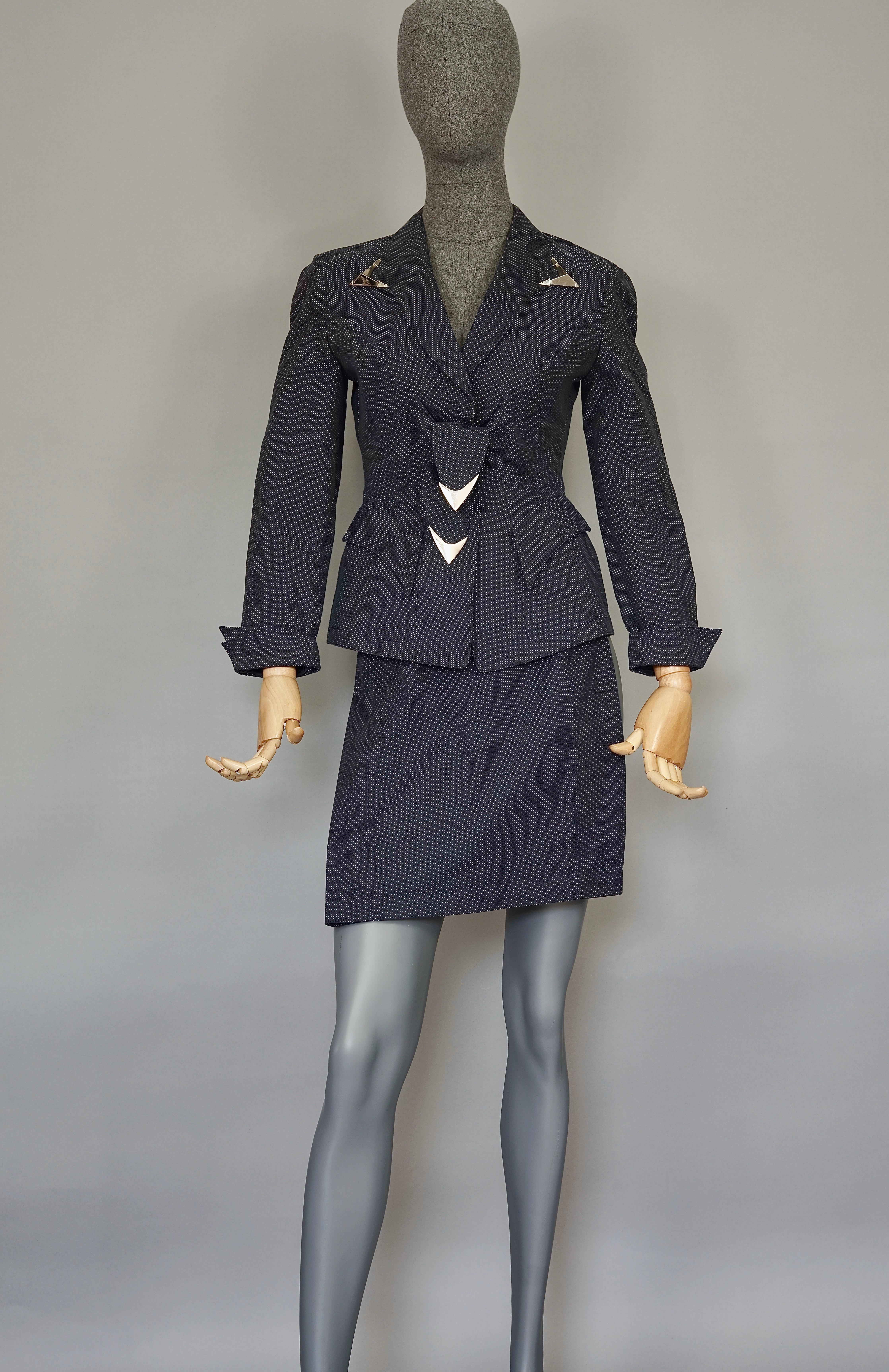 Vintage THIERRY MUGLER Metal Appliques Bow Polka Dot Jacket Skirt Suit

Measurements taken laid flat, please double bust, waist and hips :
JACKET/ BLAZER
Shoulders: 15.55 inches (39.5 cm)
Sleeves: 22.44 inches (57 cm)
Bust: 16.53 inches (42