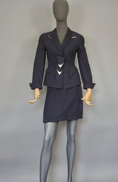Vintage THIERRY MUGLER Metal Appliques Bow Polka Dot Jacket Skirt Suit