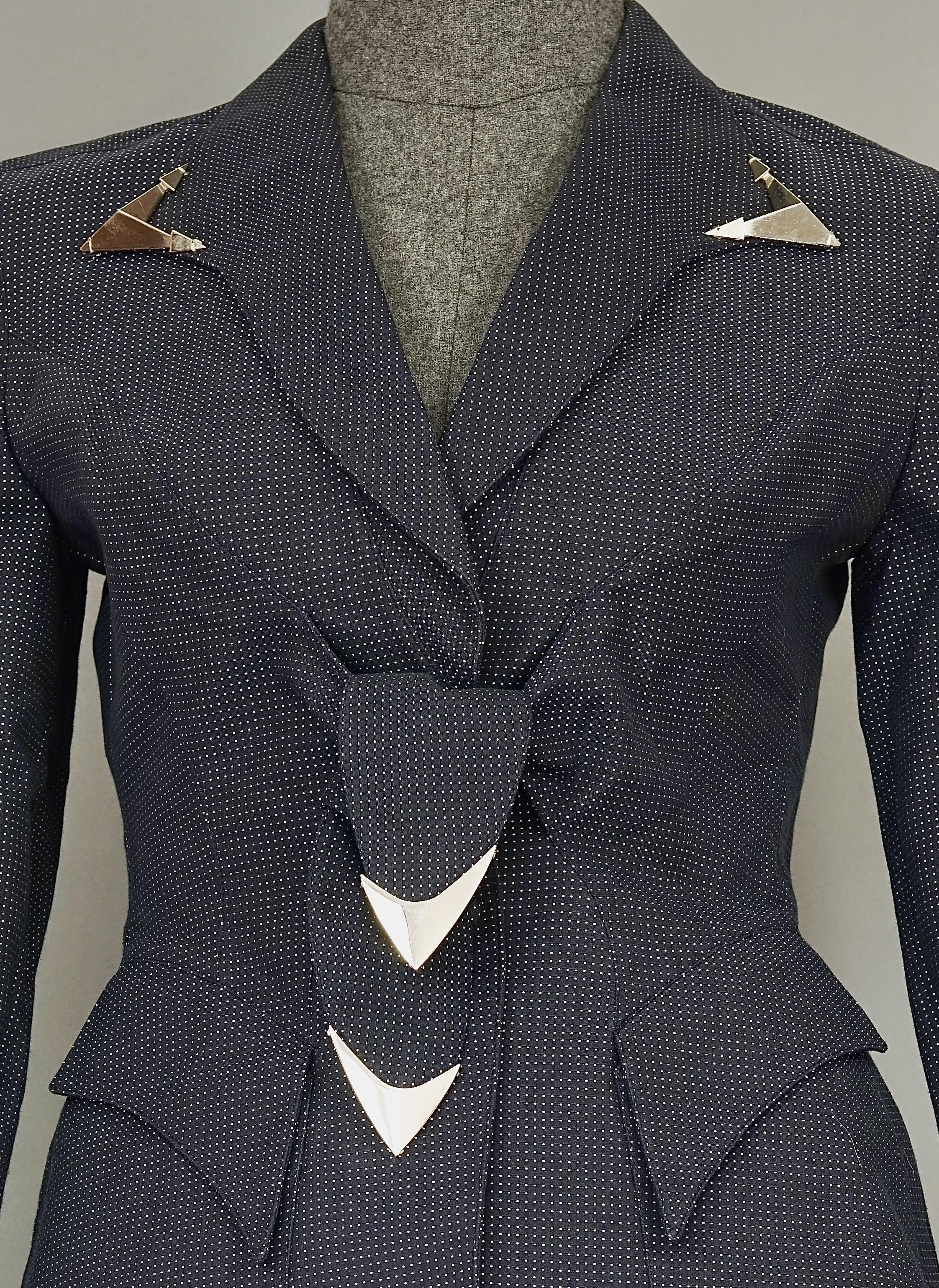 Vintage THIERRY MUGLER Metal Appliques Bow Polka Dot Jacket Skirt Suit 1