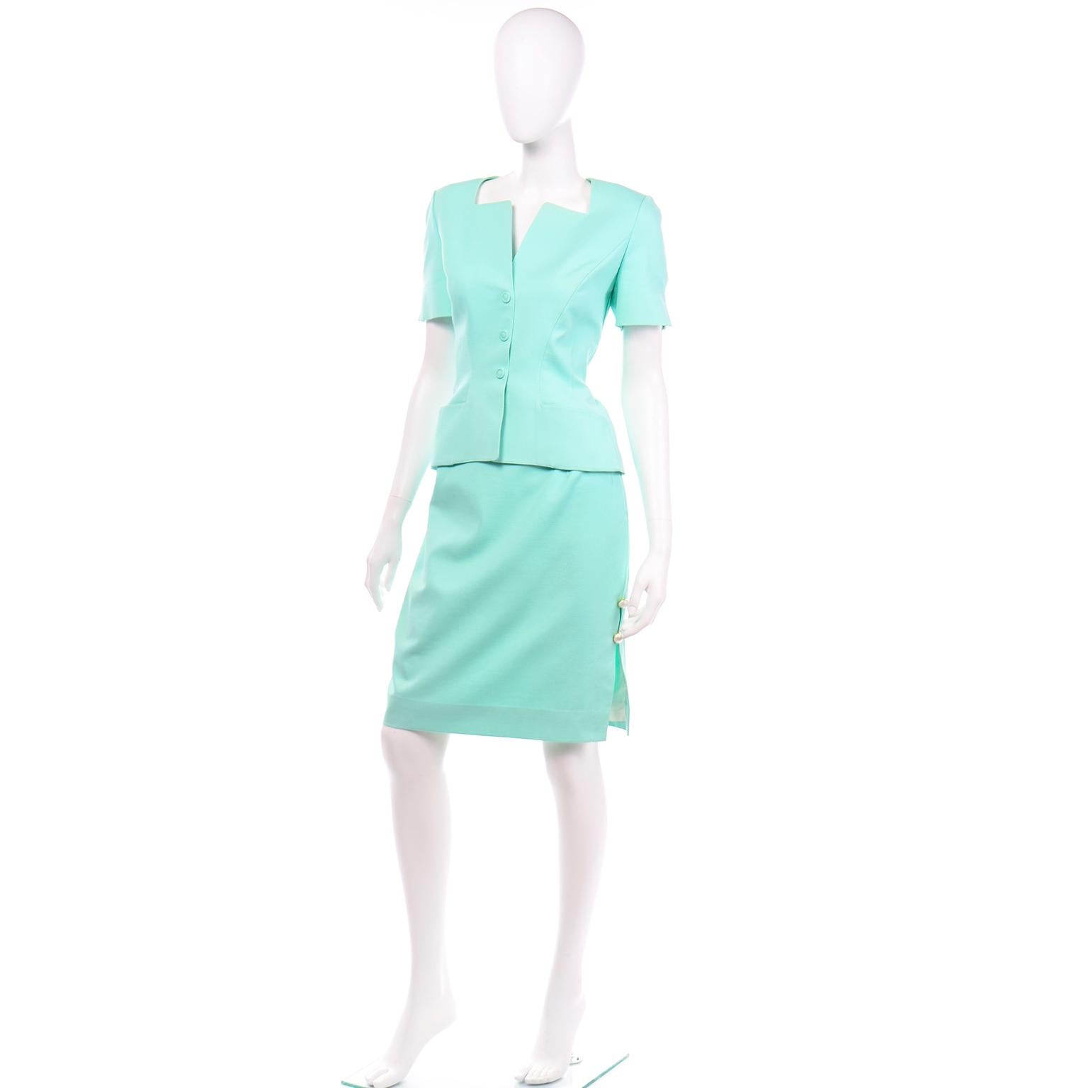 Tailleur jupe texturé vert menthe vintage Thierry Mugler et veste SS  Pour femmes en vente