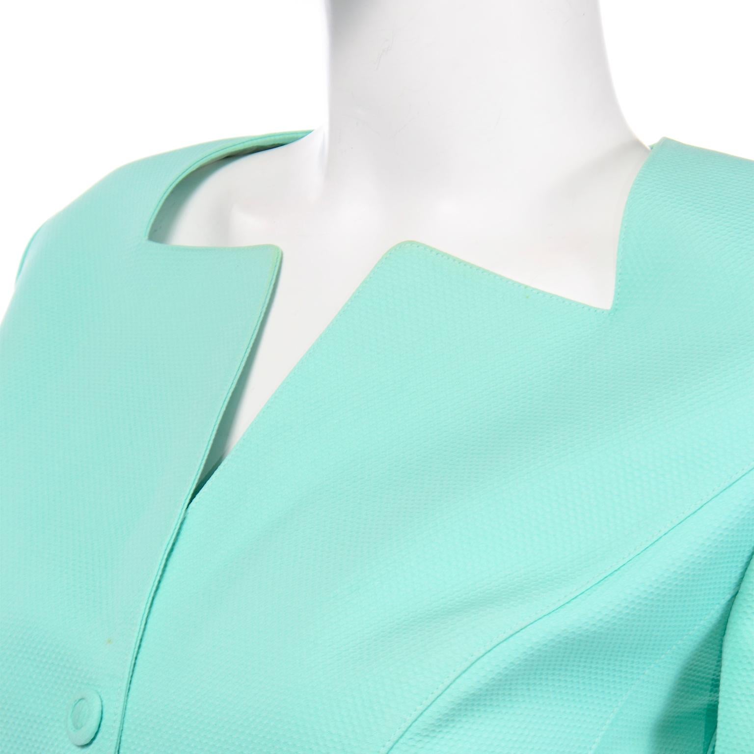 Vintage Thierry Mugler Mint Green Textured Skirt & SS Jacket Suit  For Sale 1