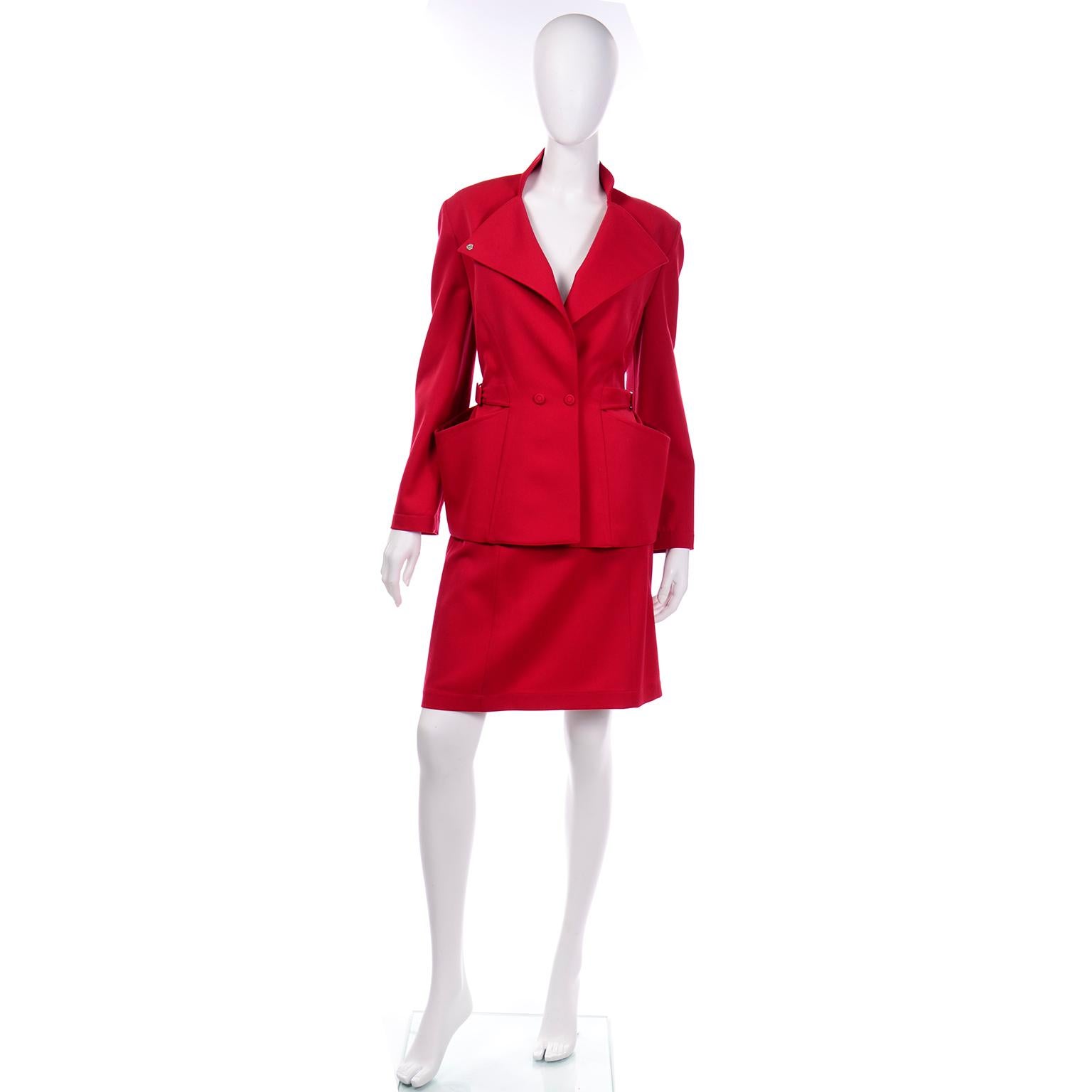 Vintage Thierry Mugler Paris Cherry Red Wool Skirt & Jacket Suit In Excellent Condition For Sale In Portland, OR