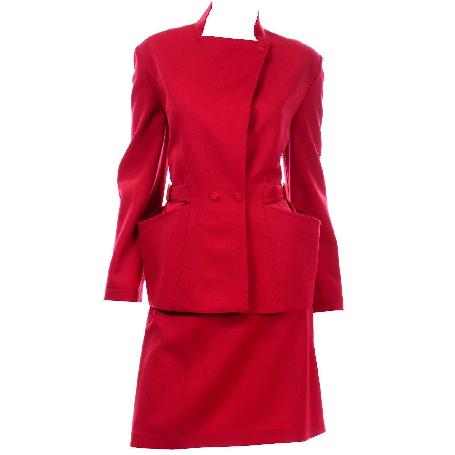 Women's Vintage Thierry Mugler Paris Cherry Red Wool Skirt & Jacket Suit For Sale