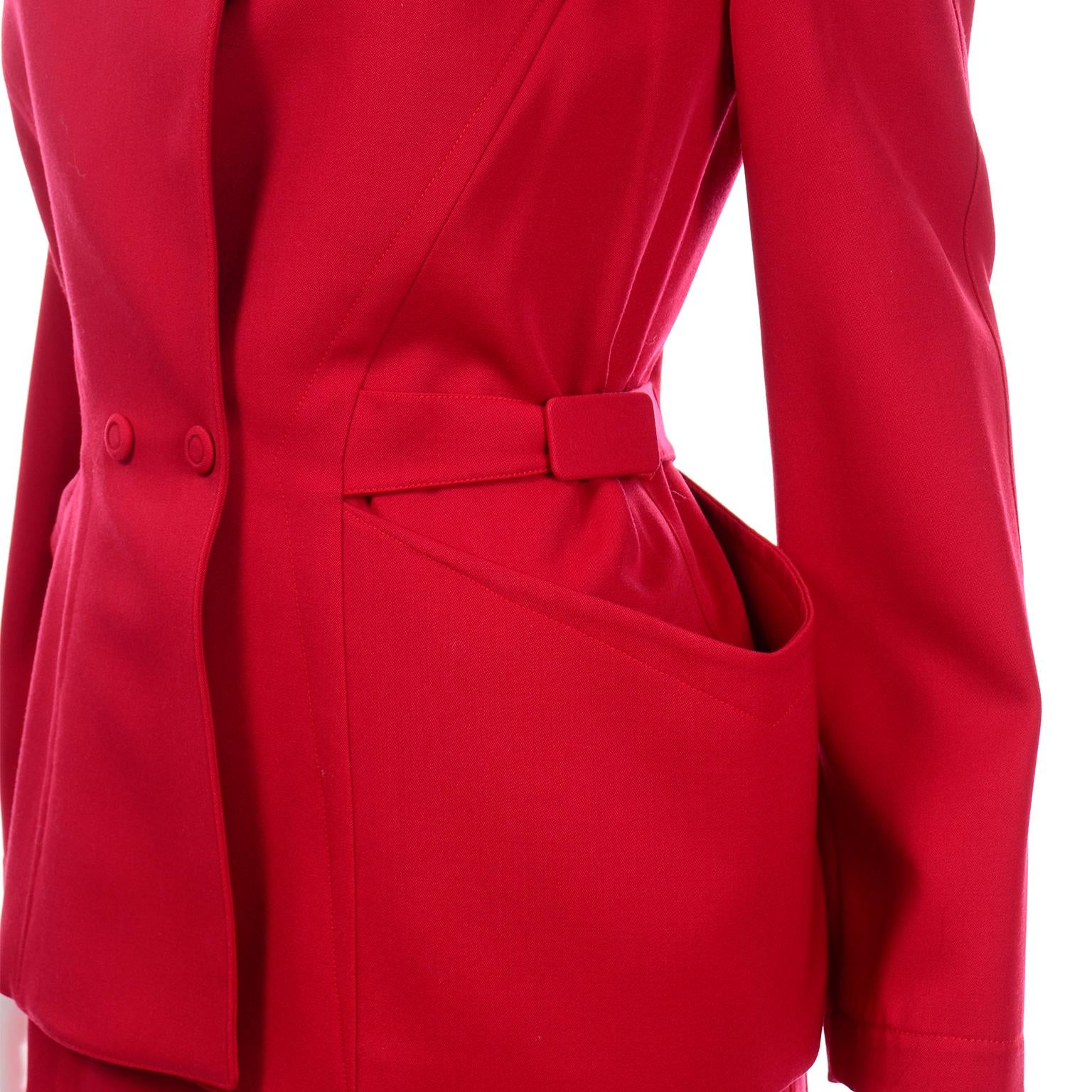 Vintage Thierry Mugler Paris Cherry Red Wool Skirt & Jacket Suit For Sale 2