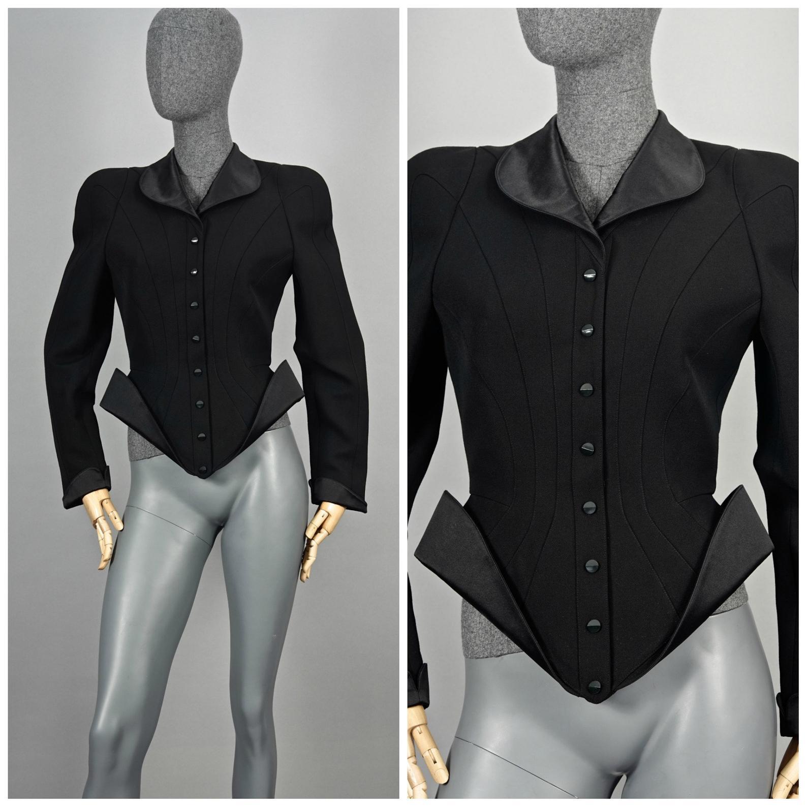 Vintage THIERRY MUGLER PARIS Futuristic Wool Jacket

Measurements taken laid flat, please double bust and waist:
Shoulder: 11 inches (28 cm)
Sleeves: 27.16 inches (69 cm)
Bust: 16.93 inches (43 cm)
Waist: 12.60 inches (32 cm)
Length: 24.80 inches