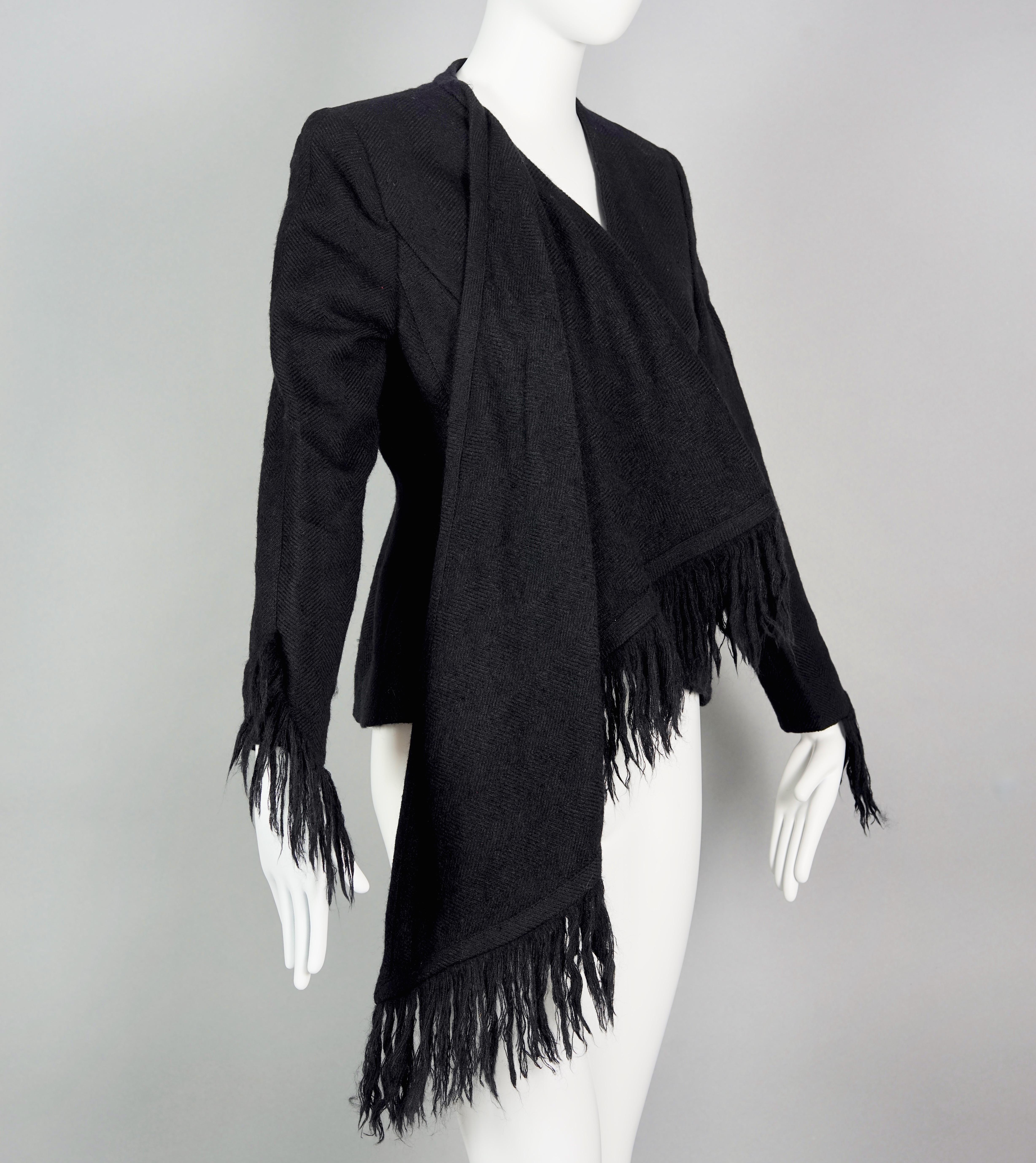 Black Vintage THIERRY MUGLER PARIS Mohair Fringe Scarf Collar Jacket For Sale