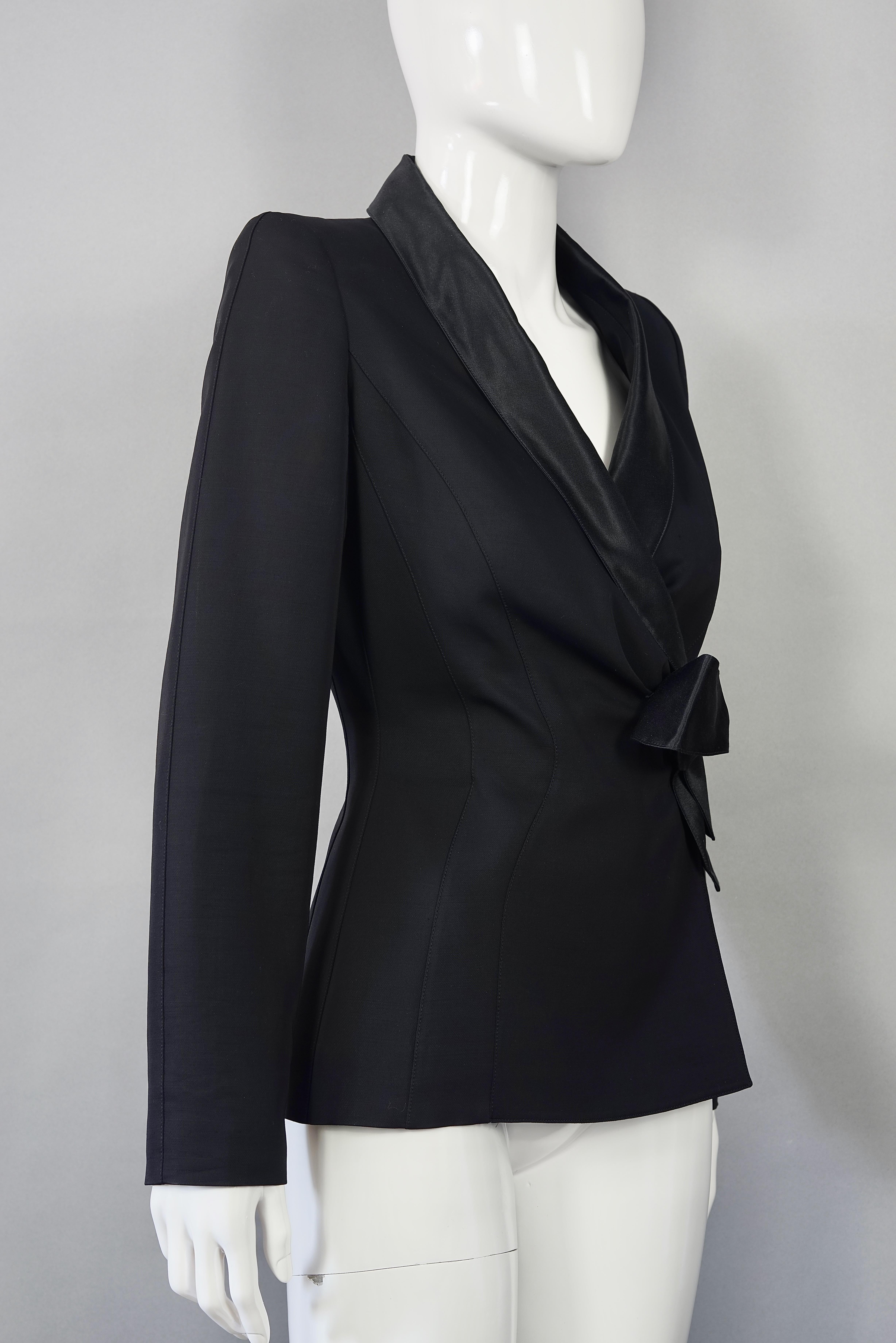 Vintage THIERRY MUGLER PARIS Wrap Silk Bow Jacket

Measurements taken laid flat, please double bust and waist:
Shoulder: 13.58 inches (34.5 cm)
Sleeves: 24.21 inches (61.5 cm)
Bust: 16.93 inches (43 cm)
Waist: 13.77 inches (35 cm)
Length: 25.19