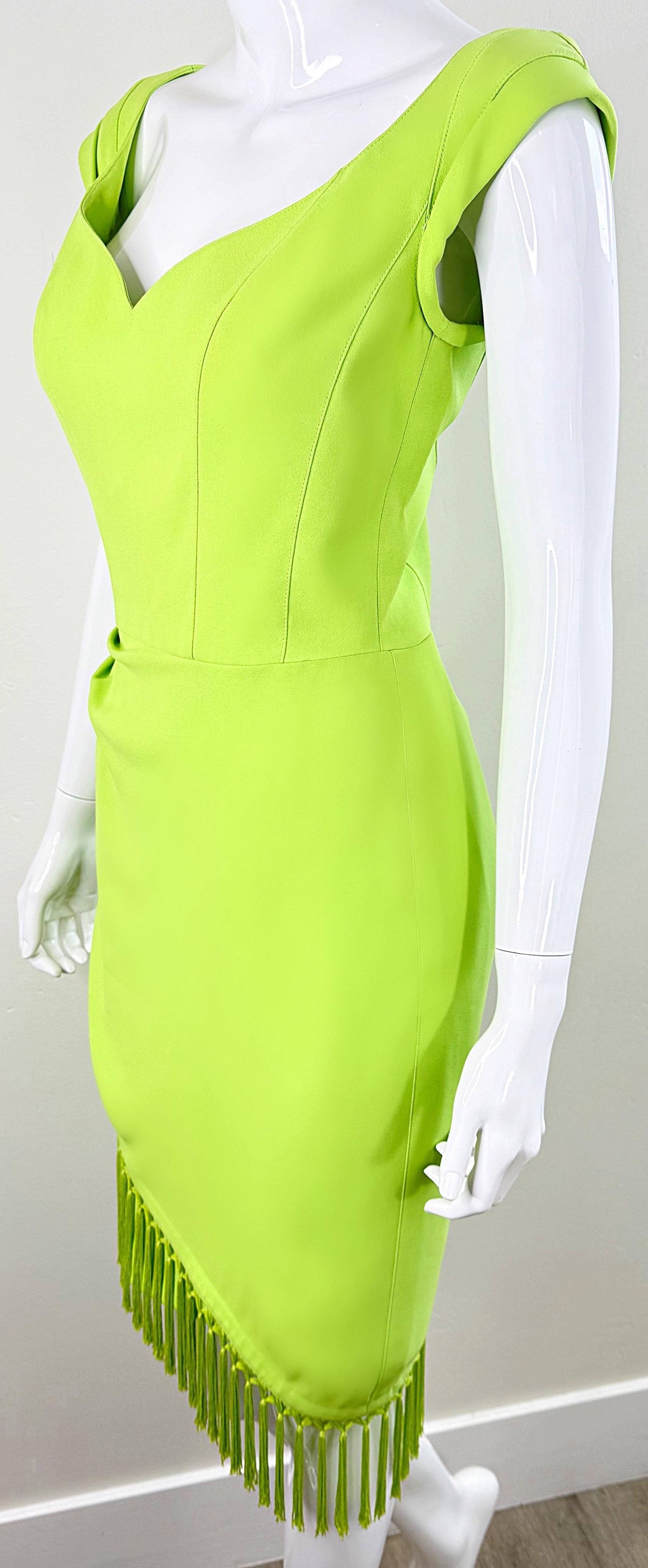 Vintage Thierry Mugler Spring/Summer 1997 Neon Green Fringe Rayon Dress 90s Pour femmes en vente