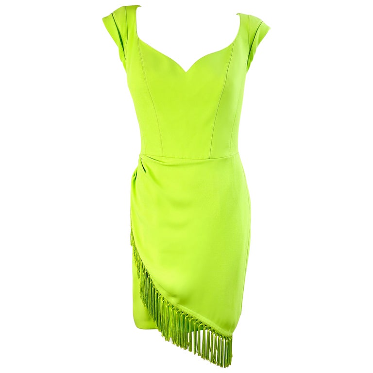 Vintage Thierry Mugler Spring/Summer 1997 Neon Green Fringe Rayon Dress 90s  For Sale at 1stDibs
