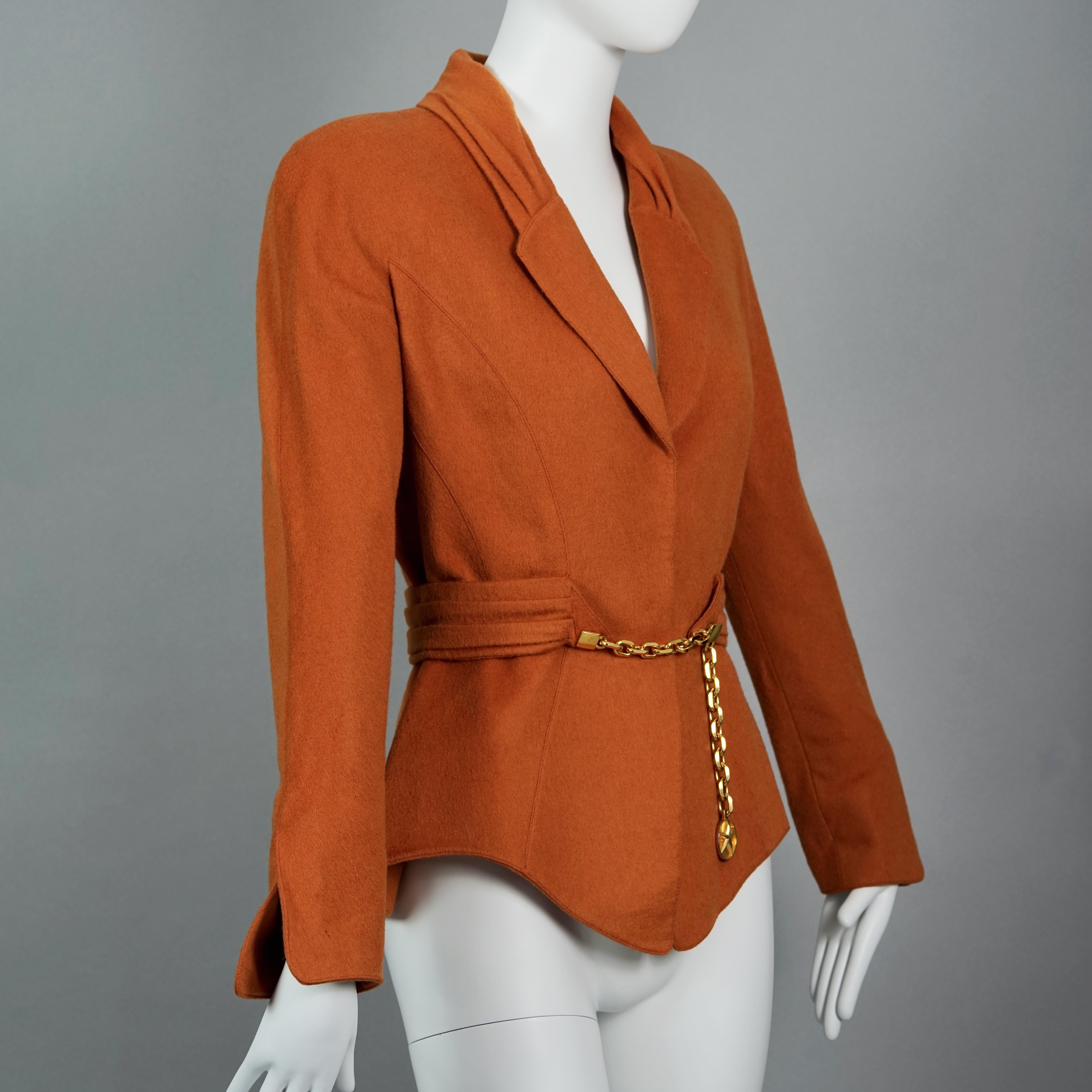 Vintage THIERRY MUGLER Structured Belted Chain Burnt Orange Wool Jacket In Good Condition For Sale In Kingersheim, Alsace