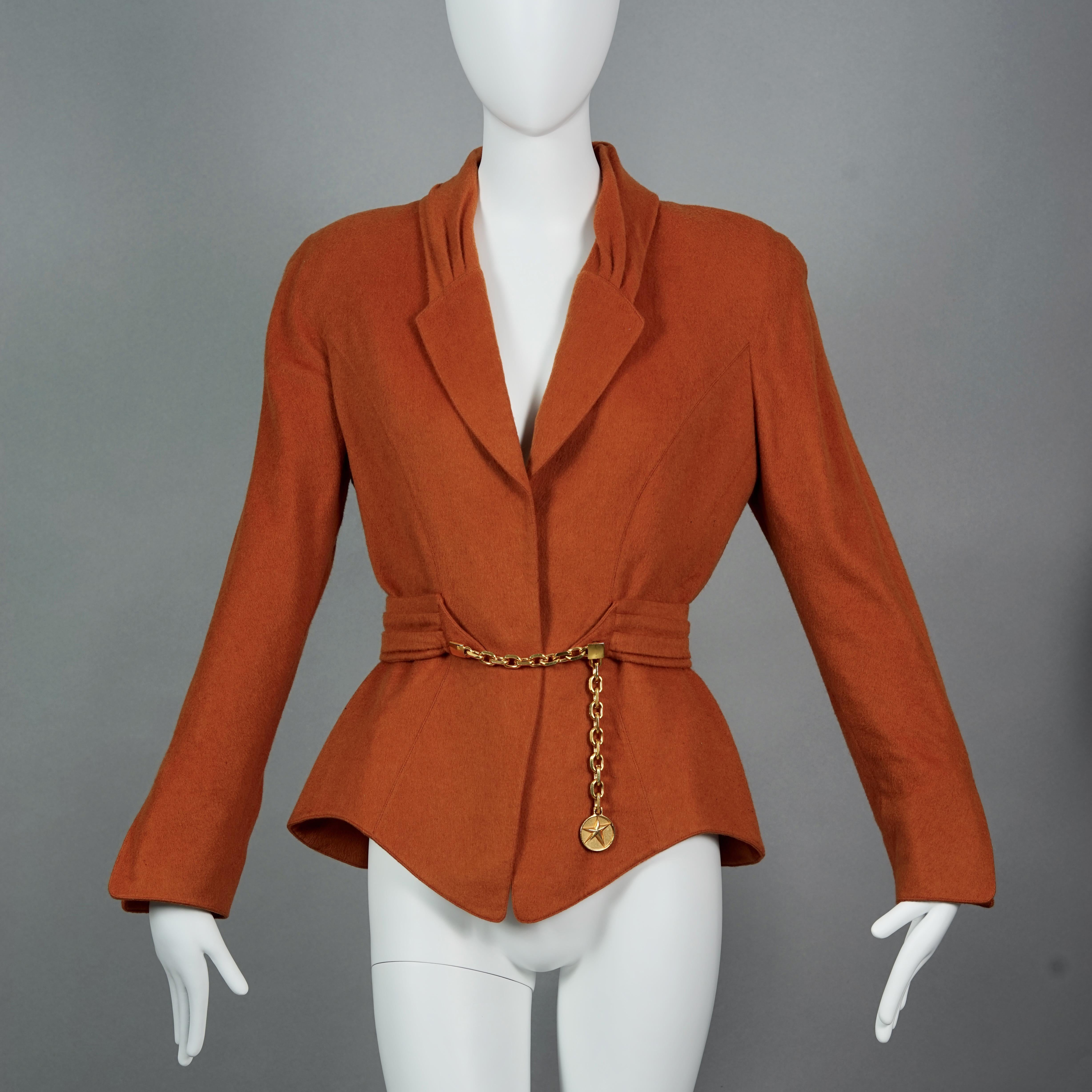 Women's Vintage THIERRY MUGLER Structured Belted Chain Burnt Orange Wool Jacket For Sale