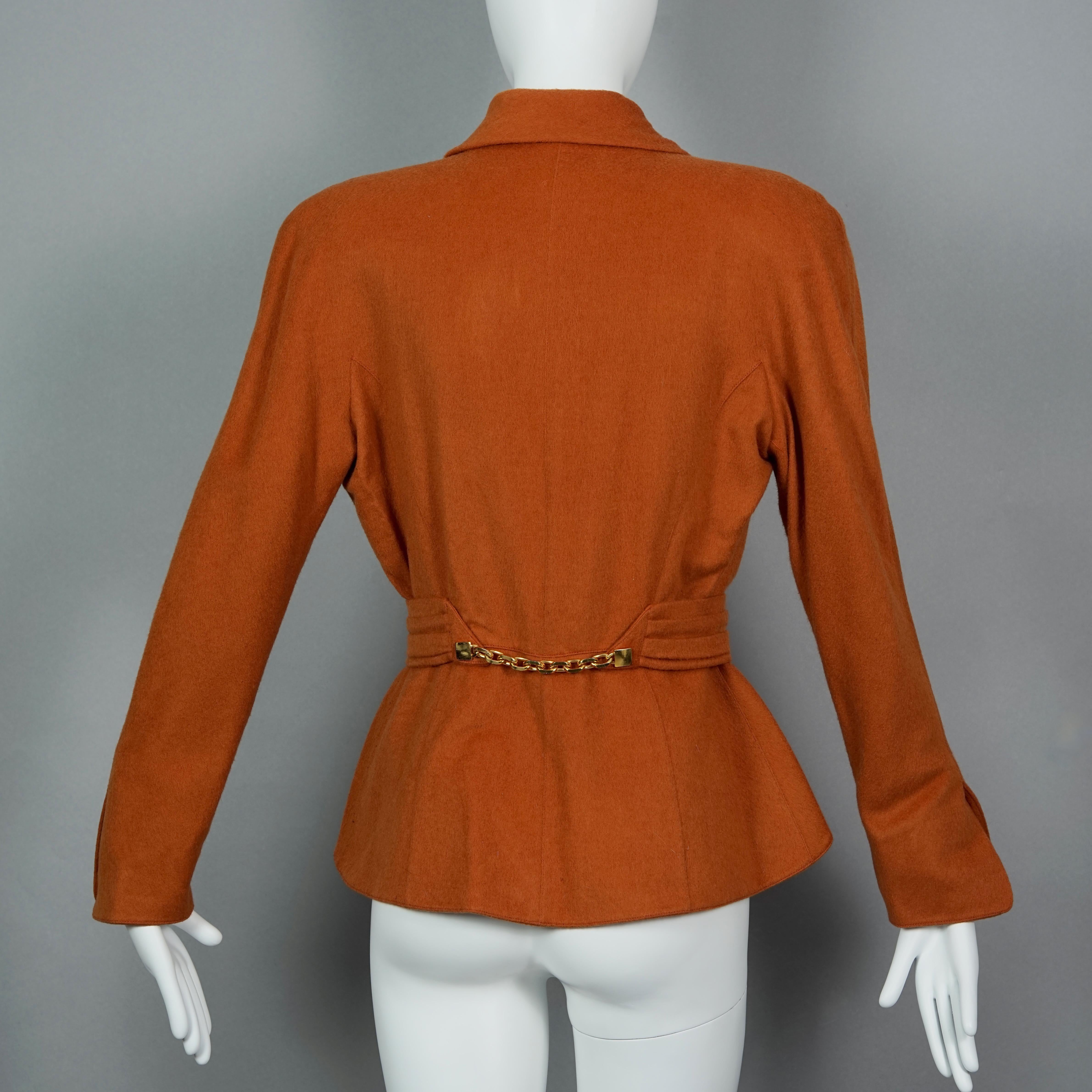Vintage THIERRY MUGLER Structured Belted Chain Burnt Orange Wool Jacket For Sale 1
