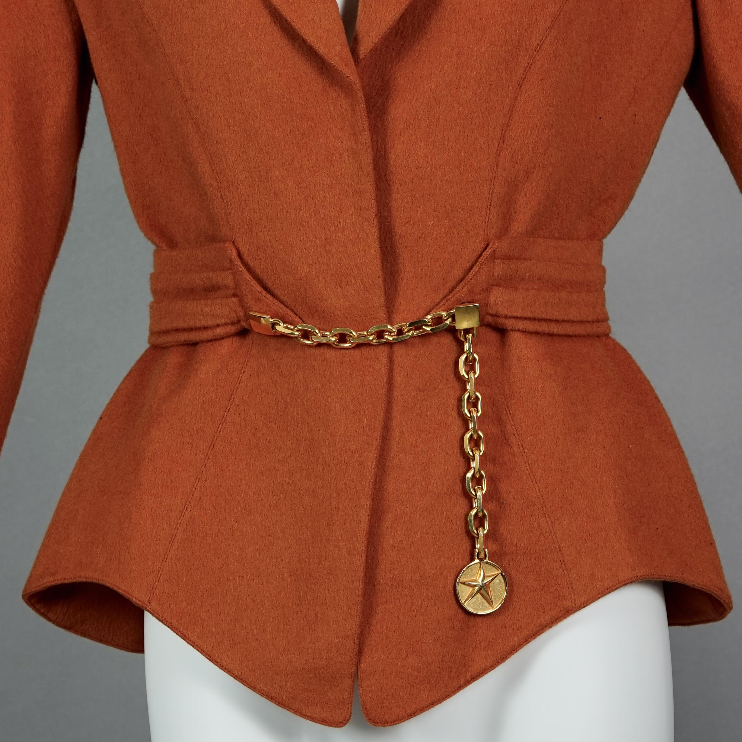 Vintage THIERRY MUGLER Structured Belted Chain Burnt Orange Wool Jacket For Sale 2
