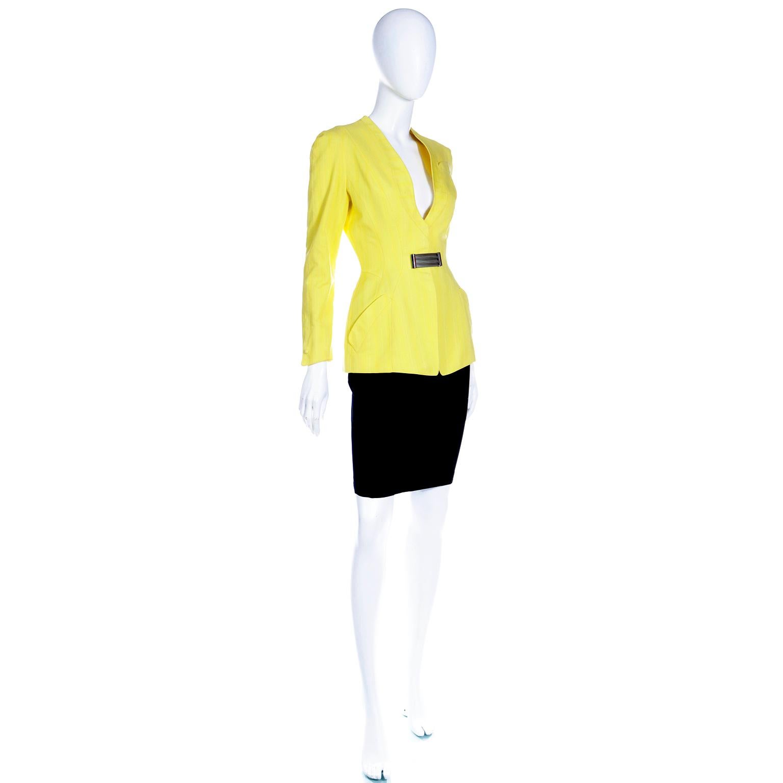 Vintage Thierry Mugler Tonal Striped Yellow Jacket and Black Pencil Skirt Suit In Excellent Condition For Sale In Portland, OR