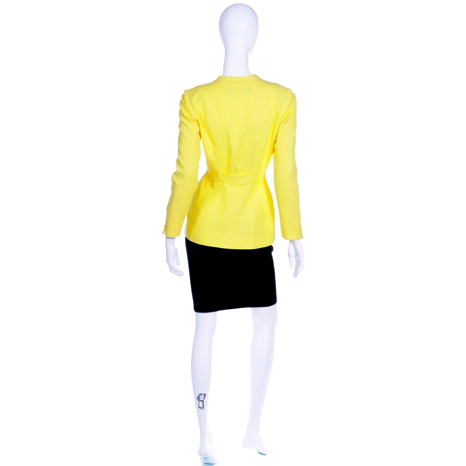 Women's Vintage Thierry Mugler Tonal Striped Yellow Jacket and Black Pencil Skirt Suit For Sale