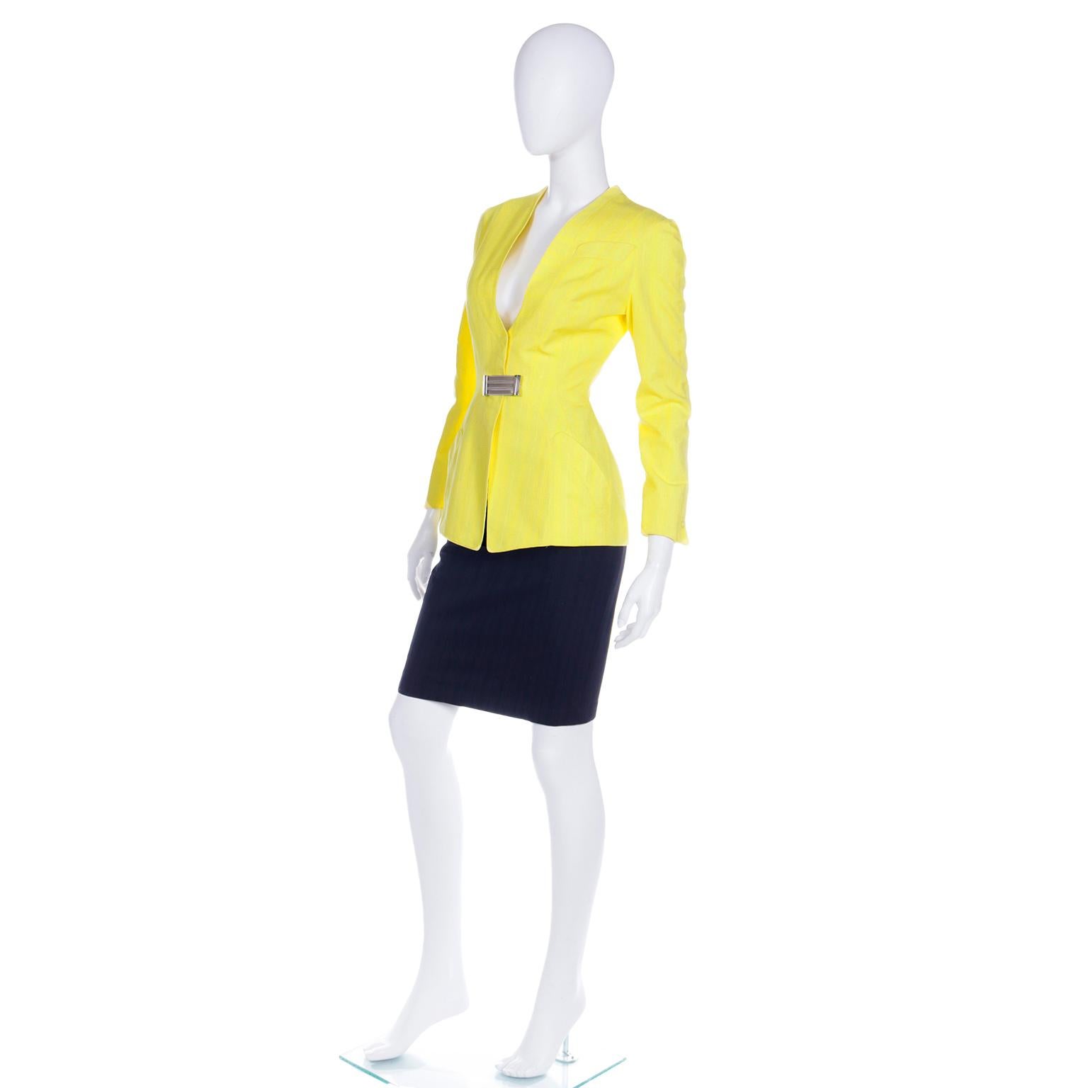 Vintage Thierry Mugler Tonal Striped Yellow Jacket and Black Pencil Skirt Suit For Sale 1