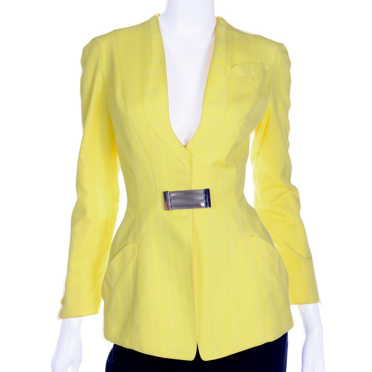 Vintage Thierry Mugler Tonal Striped Yellow Jacket and Black Pencil Skirt Suit For Sale 2