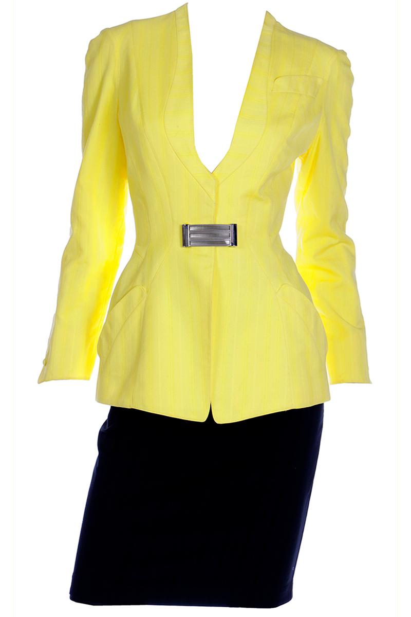 Vintage Thierry Mugler Tonal Striped Yellow Jacket and Black Pencil Skirt Suit For Sale 3