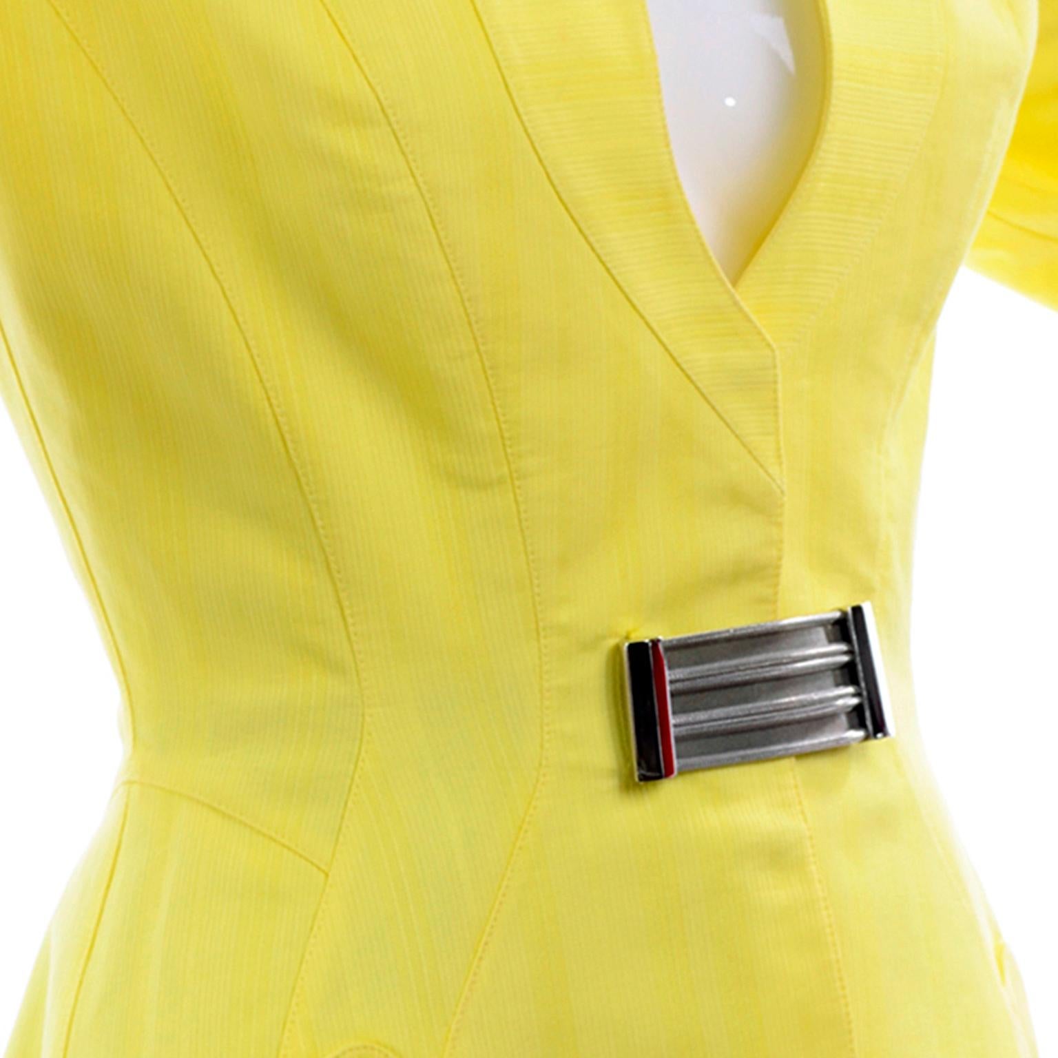 Vintage Thierry Mugler Tonal Striped Yellow Jacket and Black Pencil Skirt Suit For Sale 4