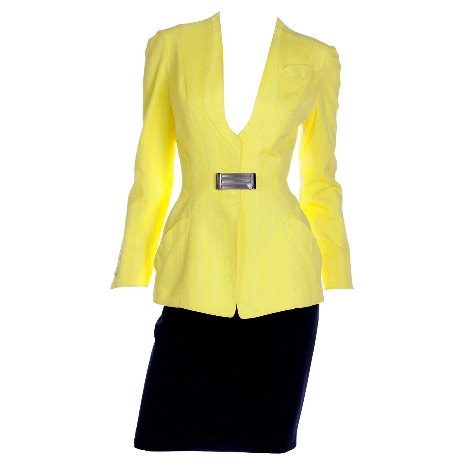 Vintage Thierry Mugler Tonal Striped Yellow Jacket and Black Pencil Skirt Suit For Sale