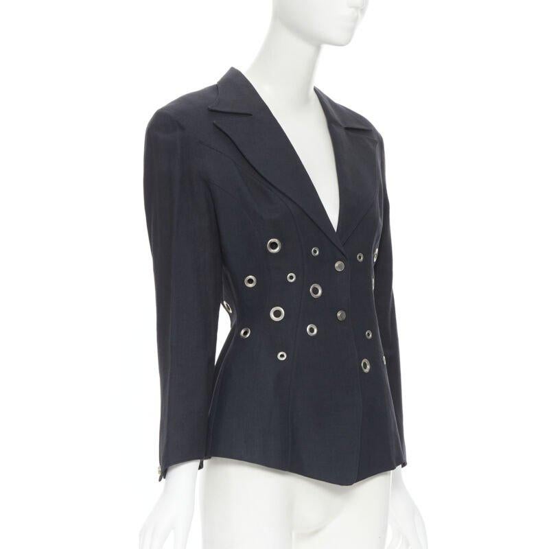 Black vintage THIERRY MUGLER Vampire collar grey grommet stud blazer jacket FR38