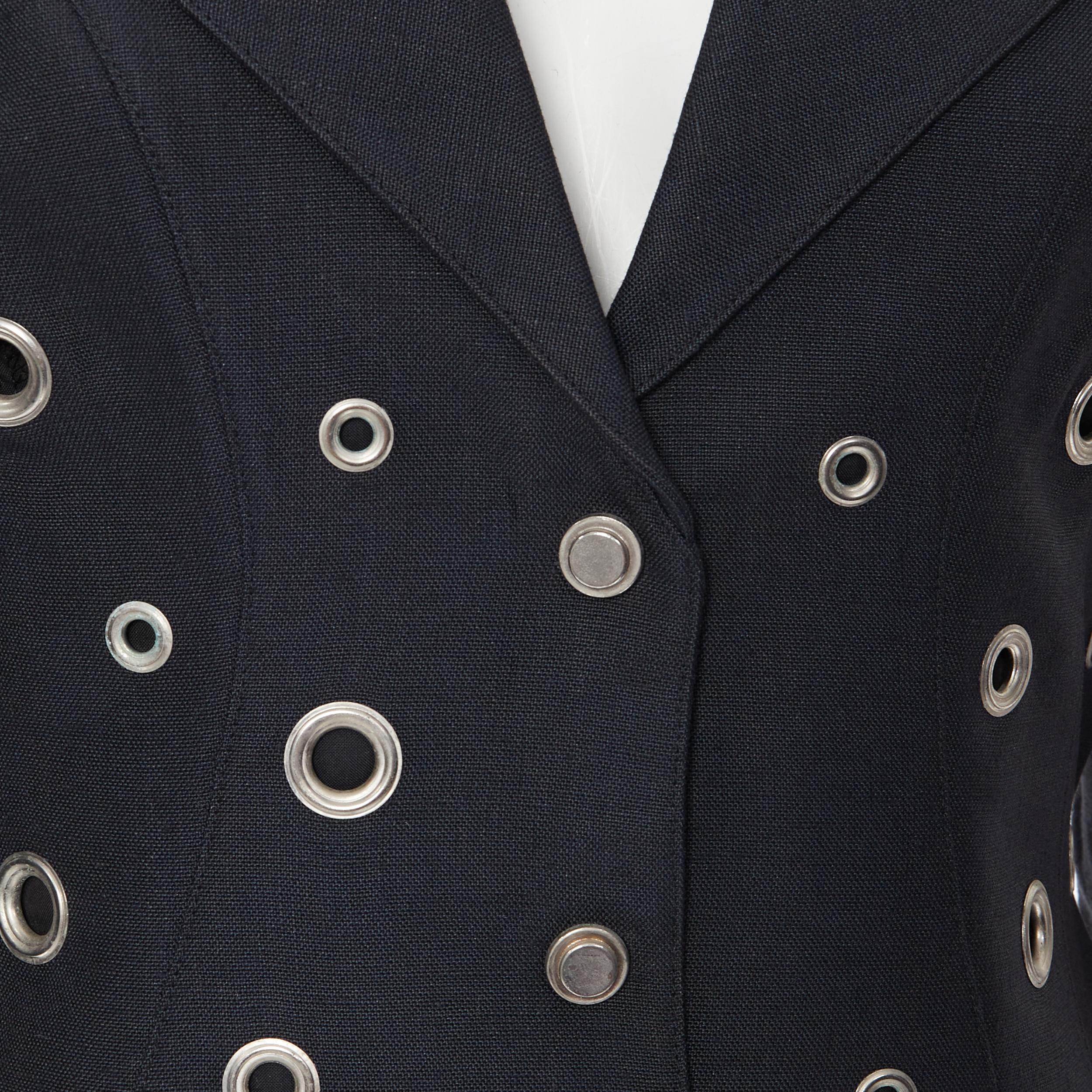 Women's vintage THIERRY MUGLER Vampire collar grey grommet stud blazer jacket FR38 For Sale