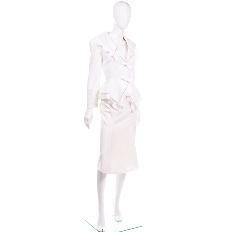 Gray Vintage Thierry Mugler White Linen Blend Skirt & Peplum Jacket Suit With Ruffles For Sale