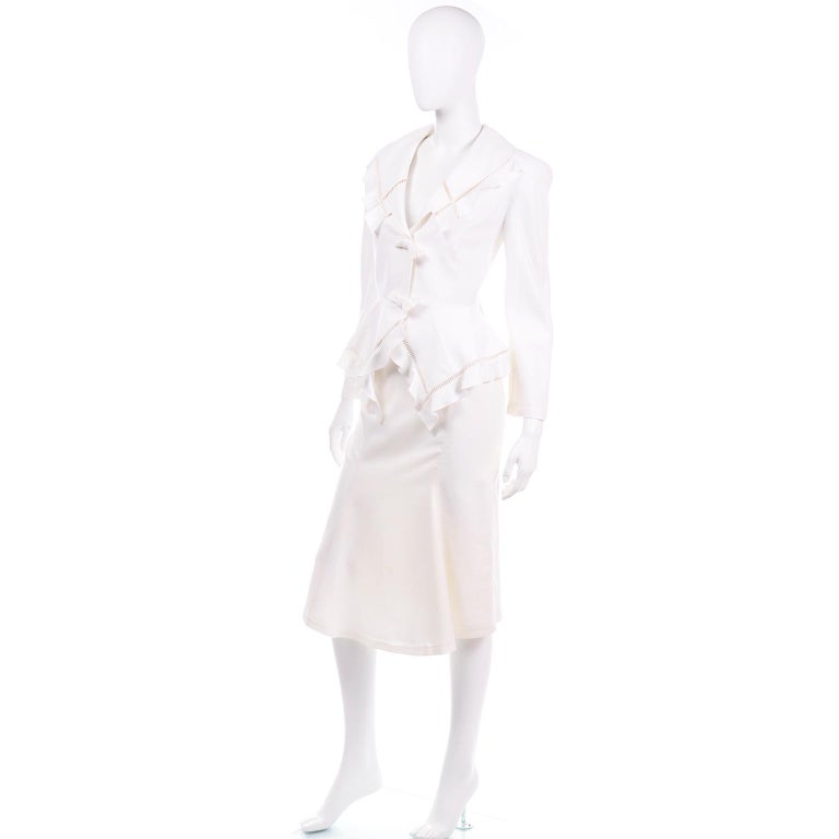 Women's Vintage Thierry Mugler White Linen Blend Skirt & Peplum Jacket Suit With Ruffles For Sale