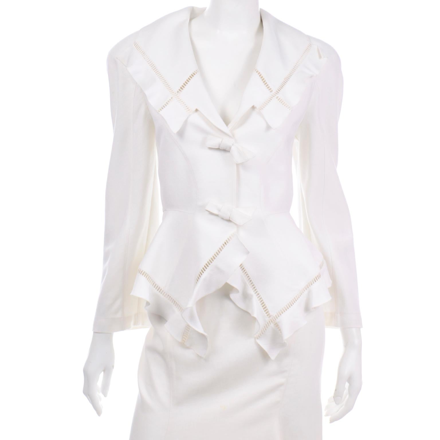 Gray Vintage Thierry Mugler White Linen Blend Skirt & Peplum Jacket Suit With Ruffles