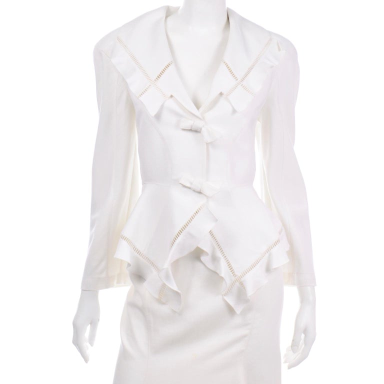 Vintage Thierry Mugler White Linen Blend Skirt & Peplum Jacket Suit With Ruffles For Sale 1