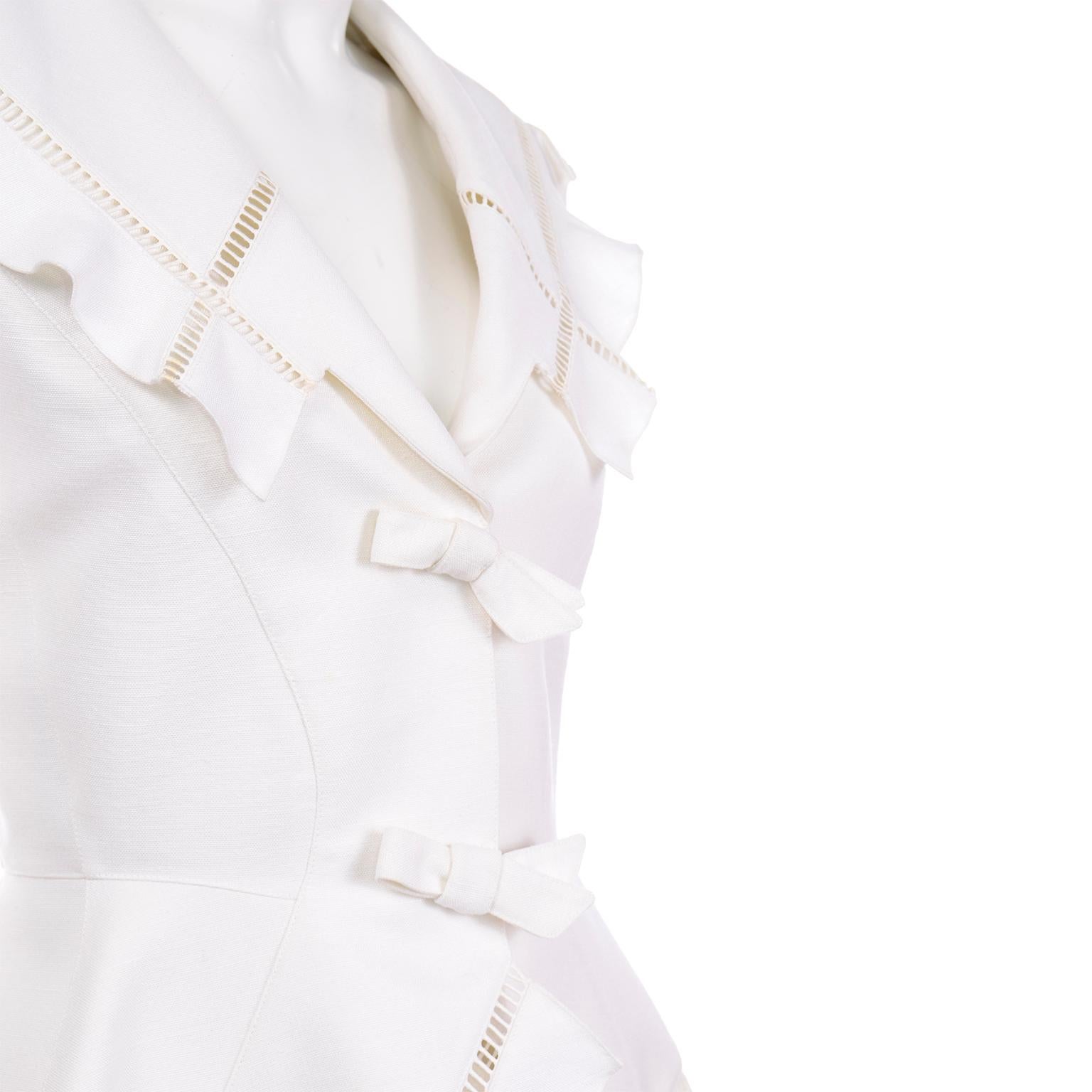 Vintage Thierry Mugler White Linen Blend Skirt & Peplum Jacket Suit With Ruffles In Excellent Condition In Portland, OR